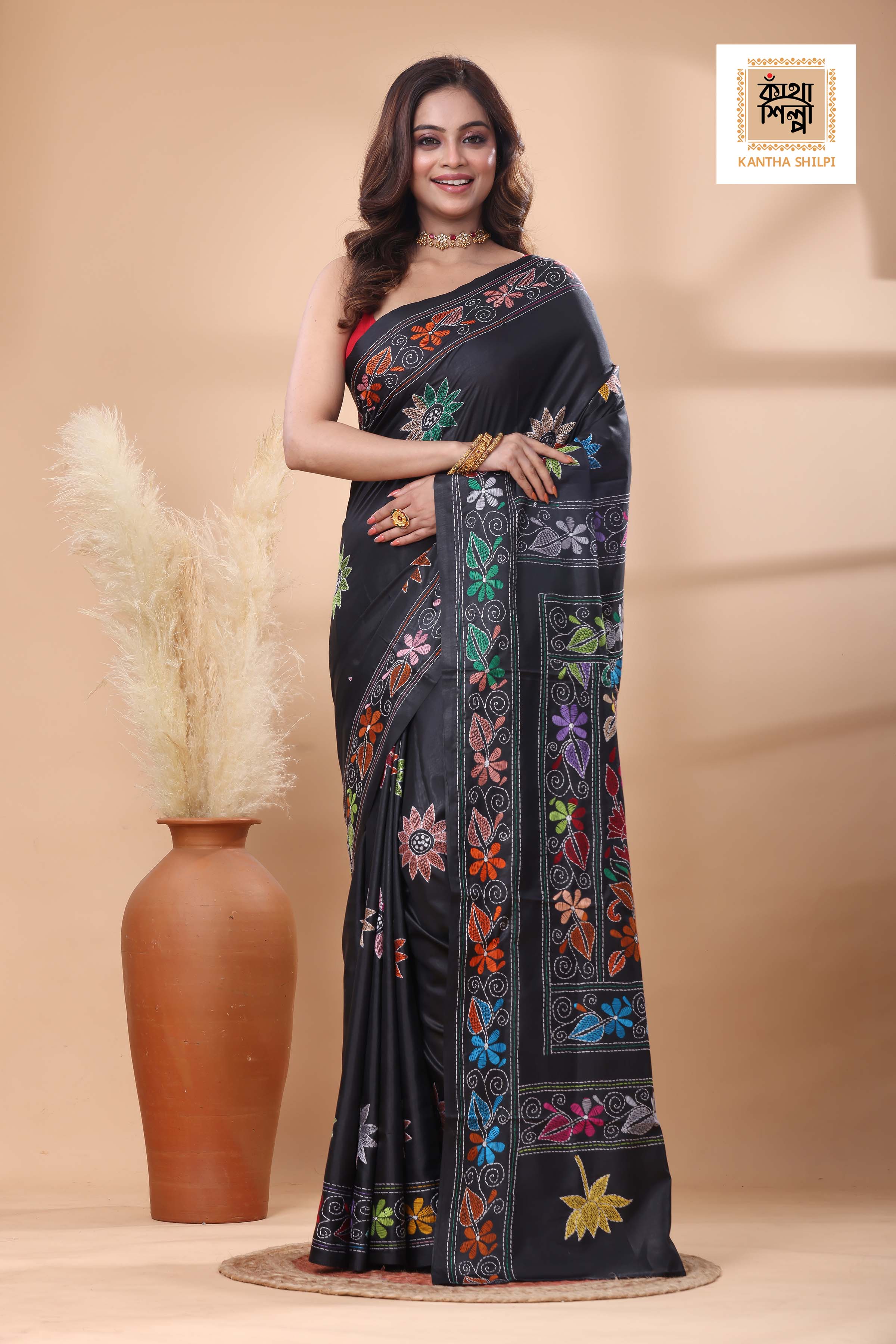 Black Color Bangalore Silk Multicolor Thread Work Kantha Stitch Saree