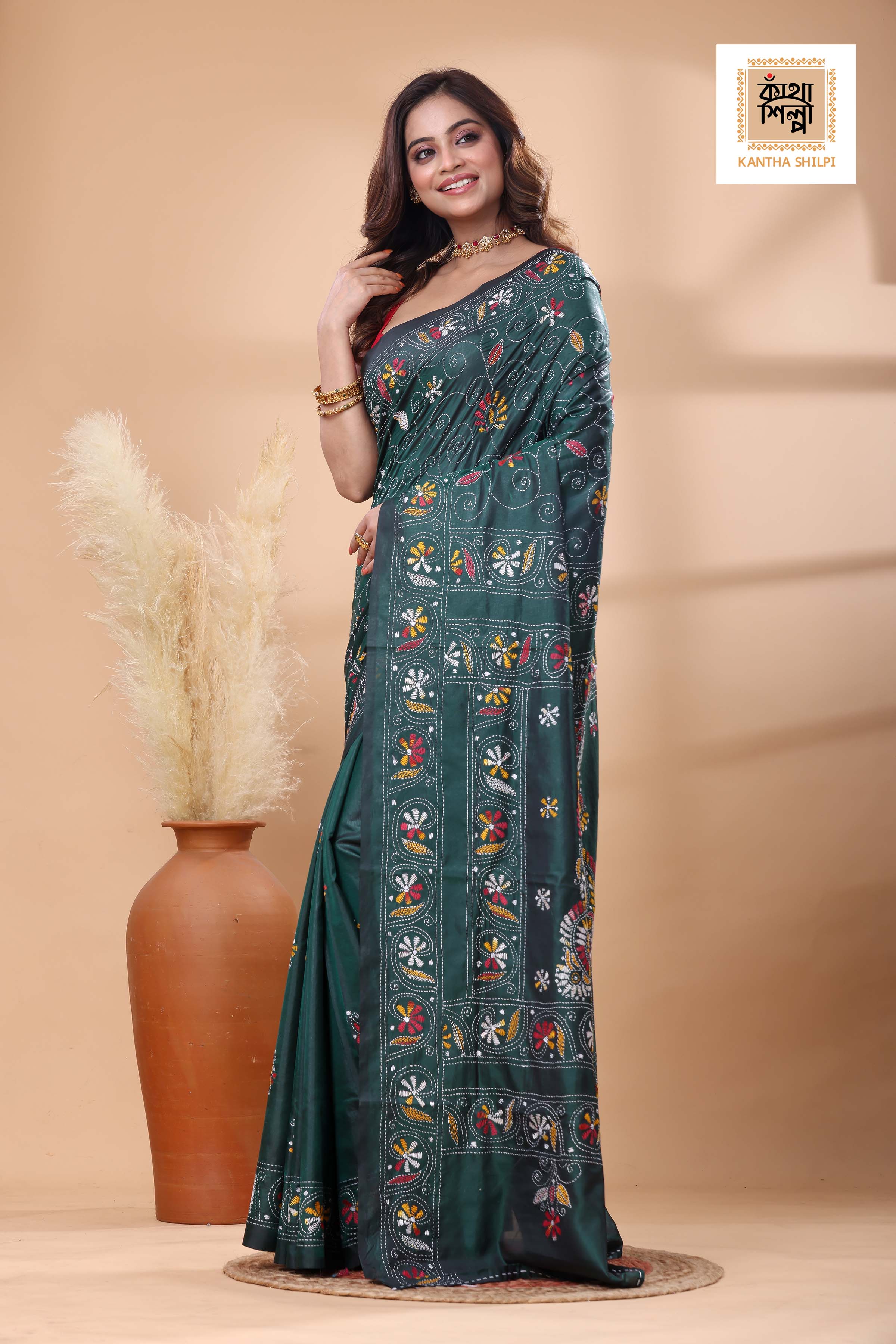 Green Color Bangalore Silk Multicolor Thread Work Kantha Stitch Saree