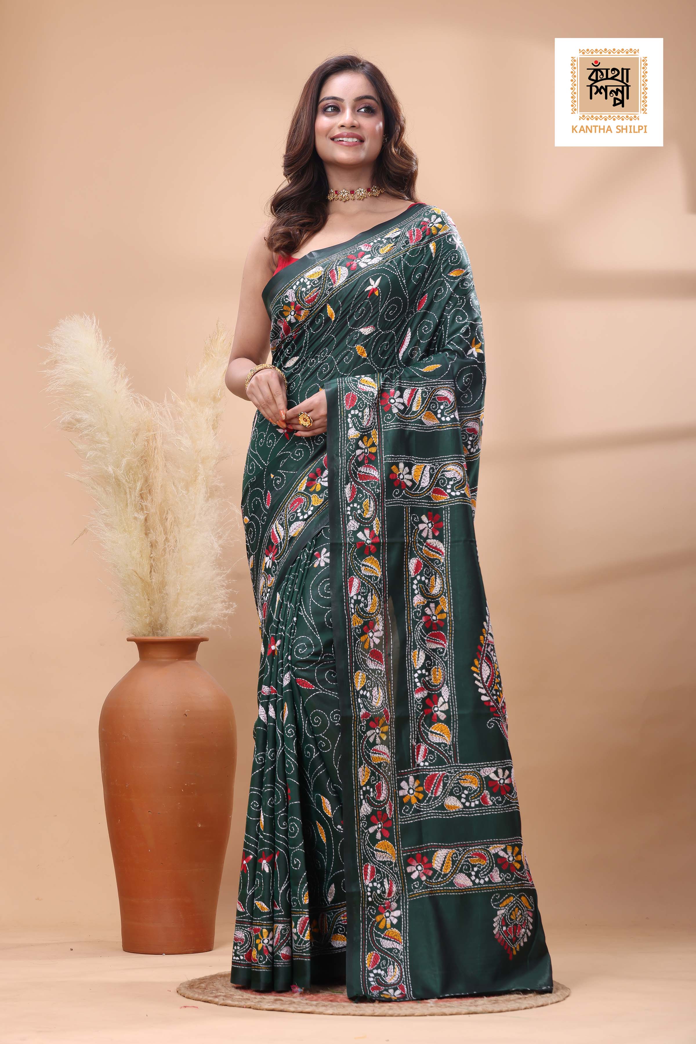 Green Color Bangalore Silk Multicolor Thread Work Kantha Stitch Saree