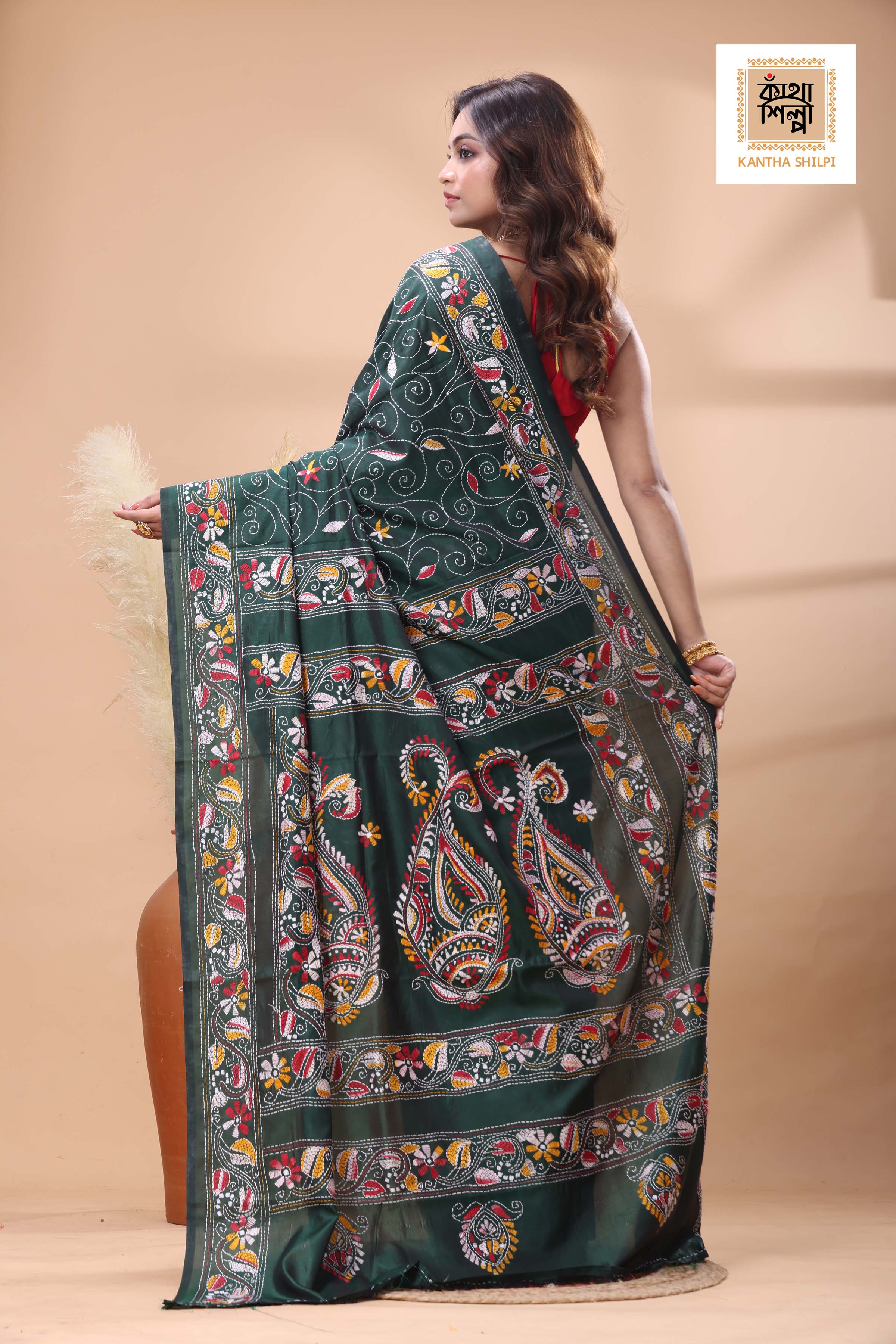 Green Color Bangalore Silk Multicolor Thread Work Kantha Stitch Saree