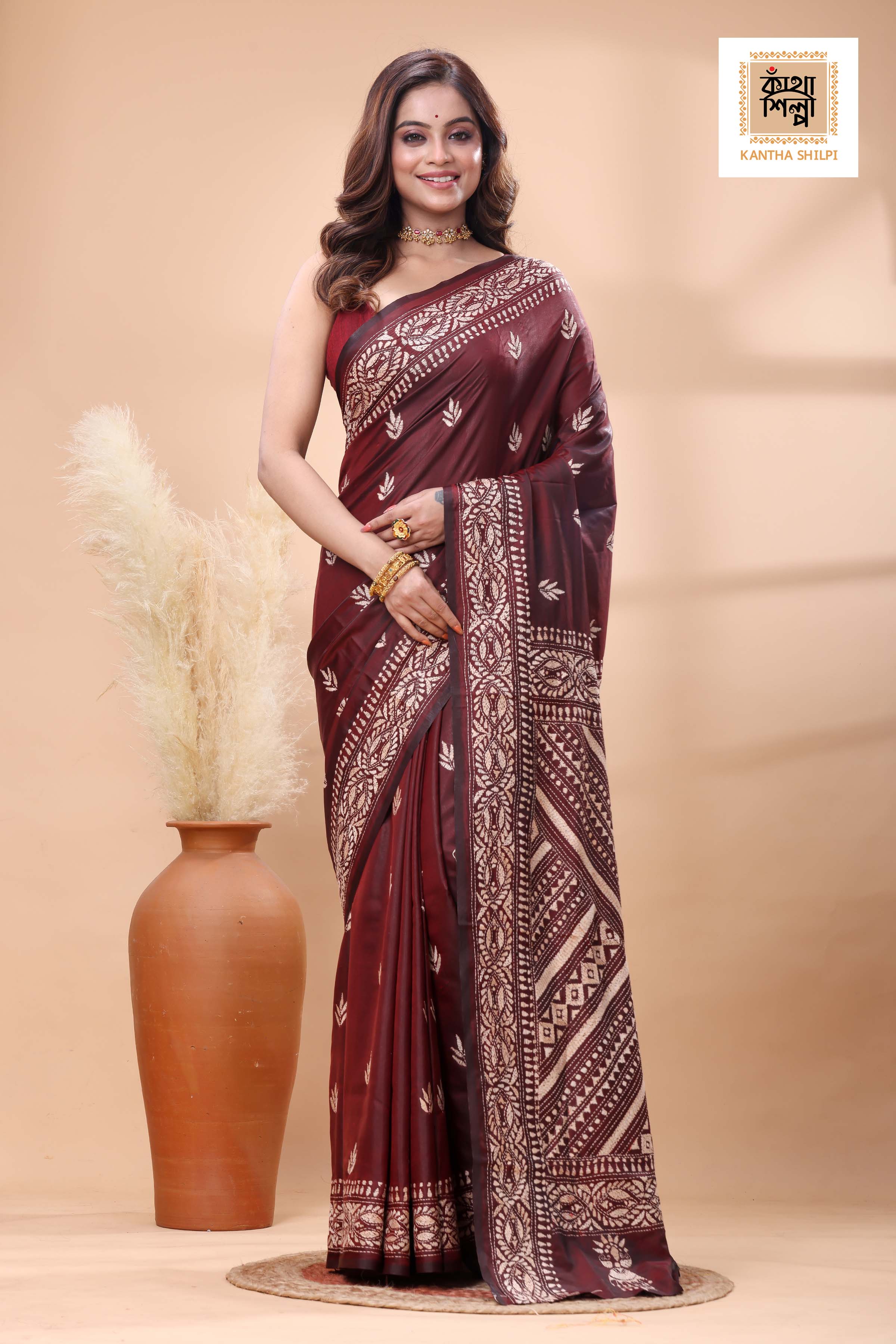 Maroon Color Bangalore Silk Beige Color Thread Work Kantha Stitch Saree