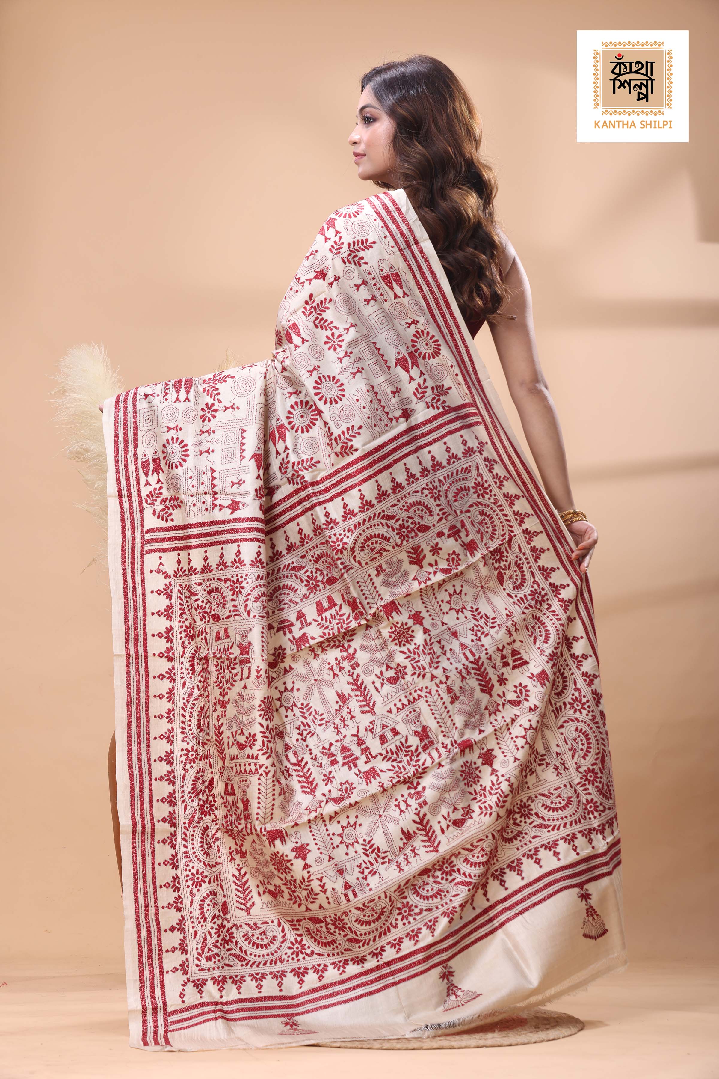 Pure Gachi Tussar Maroon Color Thread Work Kantha Stitch Saree