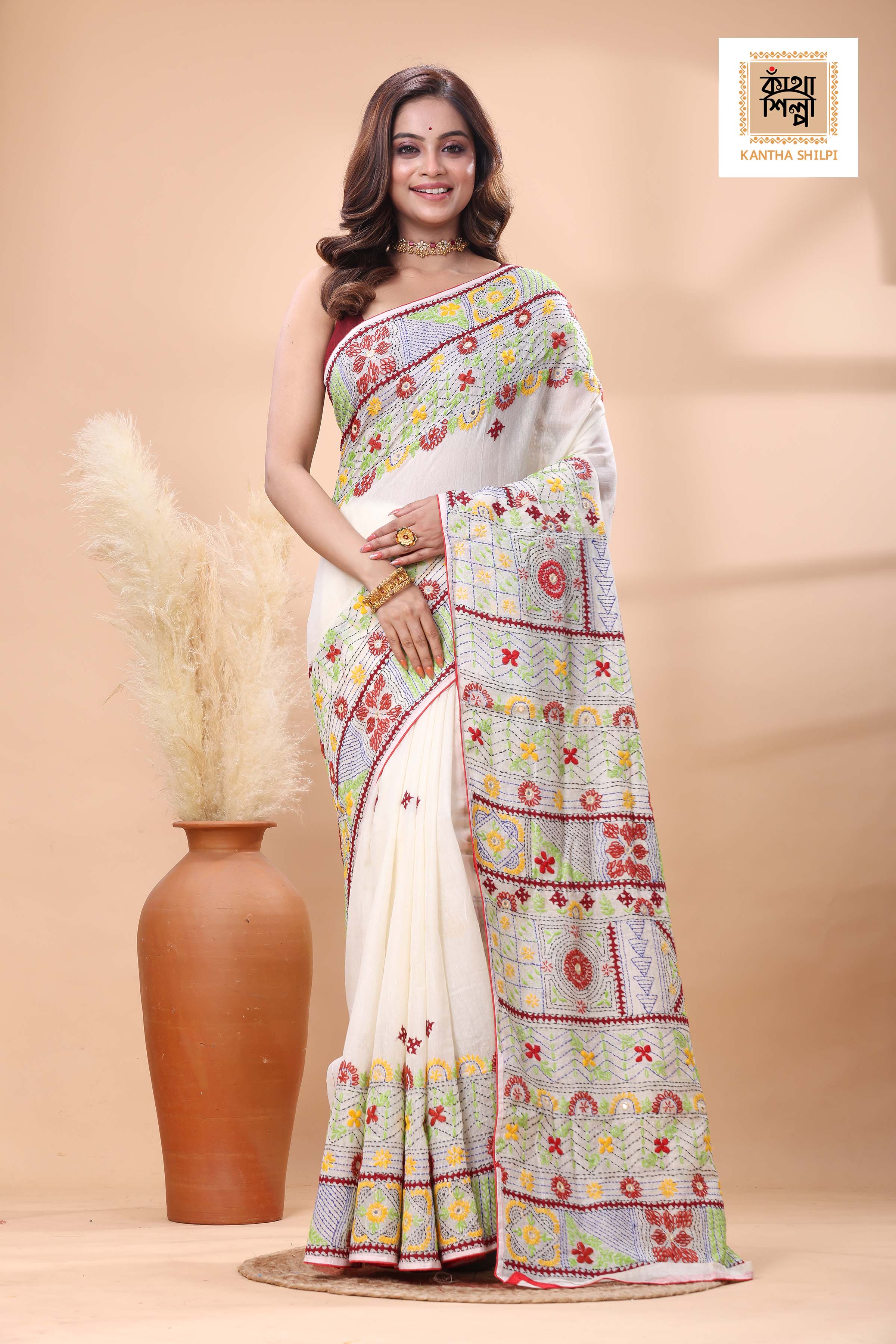 White Color Half Tussar Multicolor Thread Work Lambani Stitch Saree
