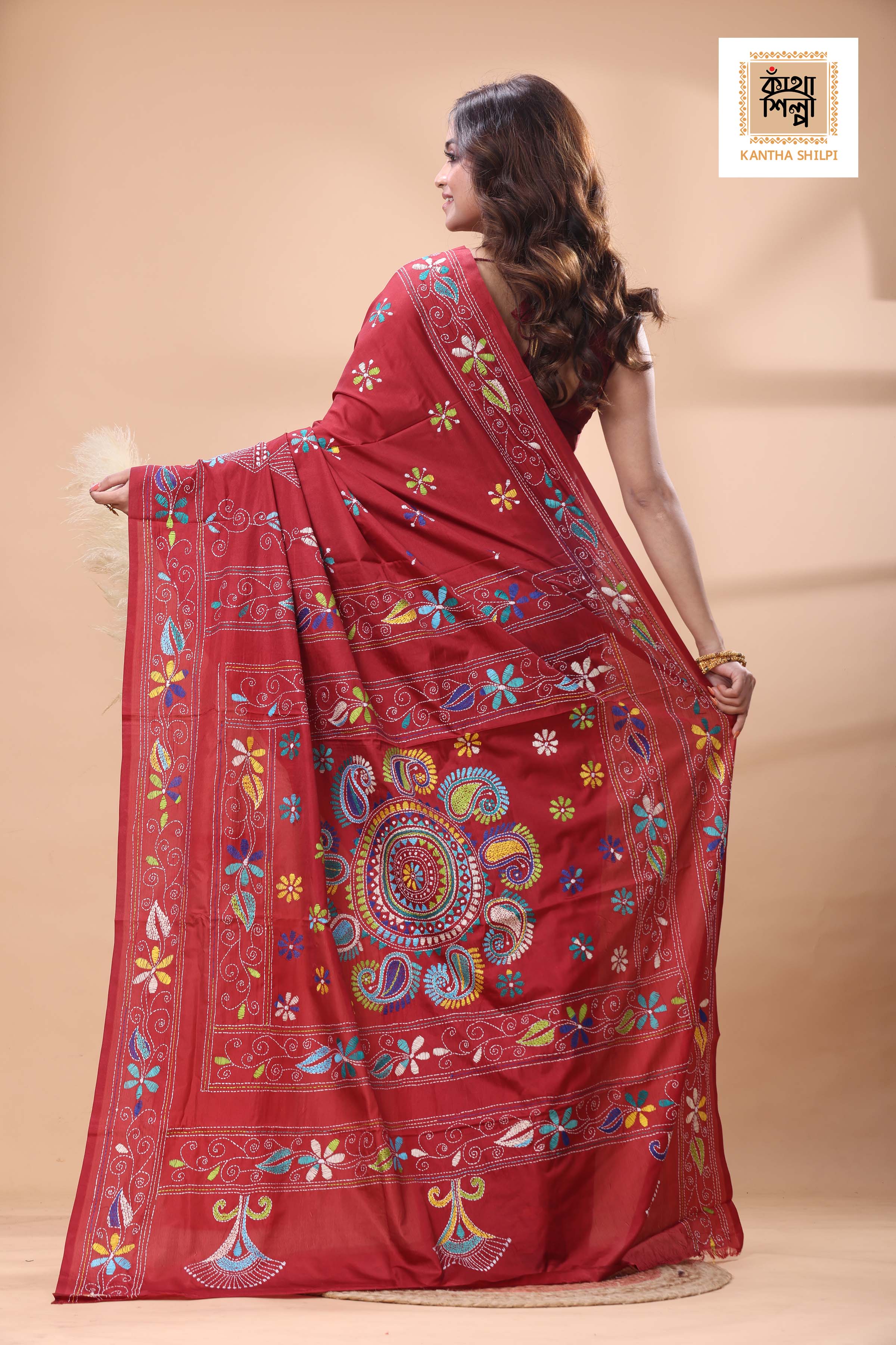 Maroon Color Bangalore Silk Multicolor Thread Work Kantha Stitch Saree
