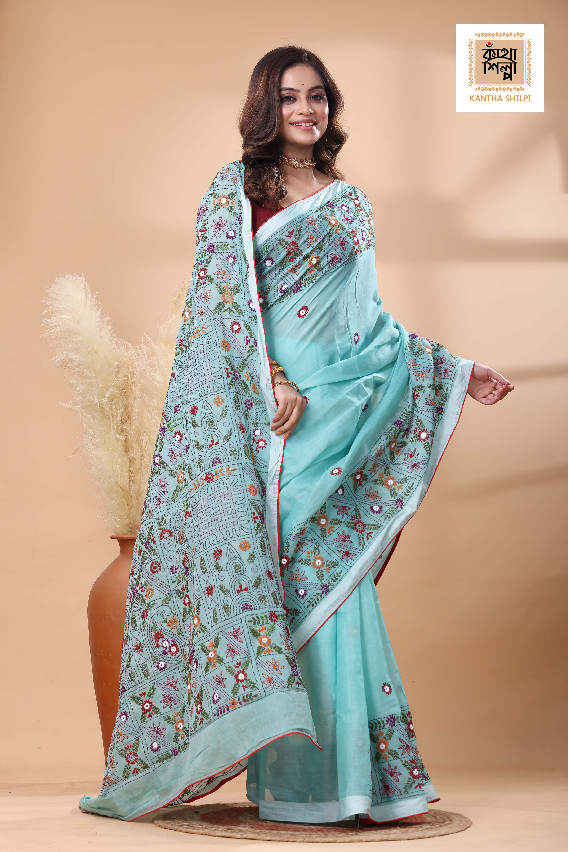 Light Sky Blue Color Half Tussar Multicolor Thread Work Lambani Stitch Saree