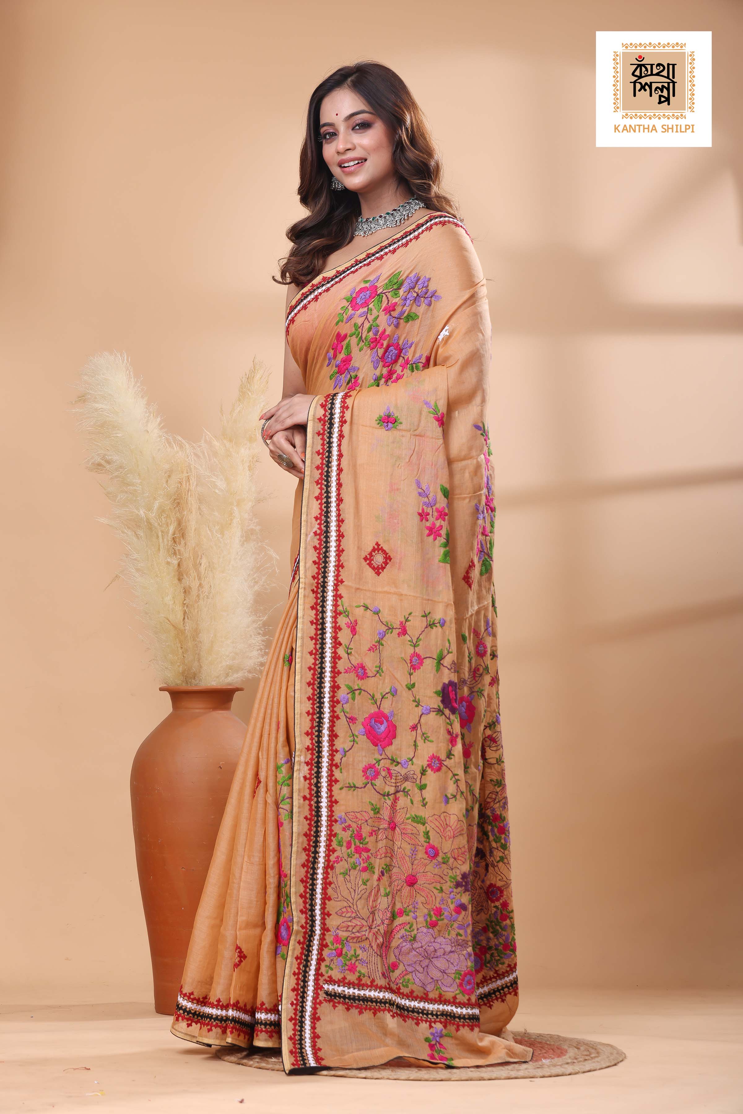 Half Tussar Multicolor Thread Work Bullion Stitch Saree