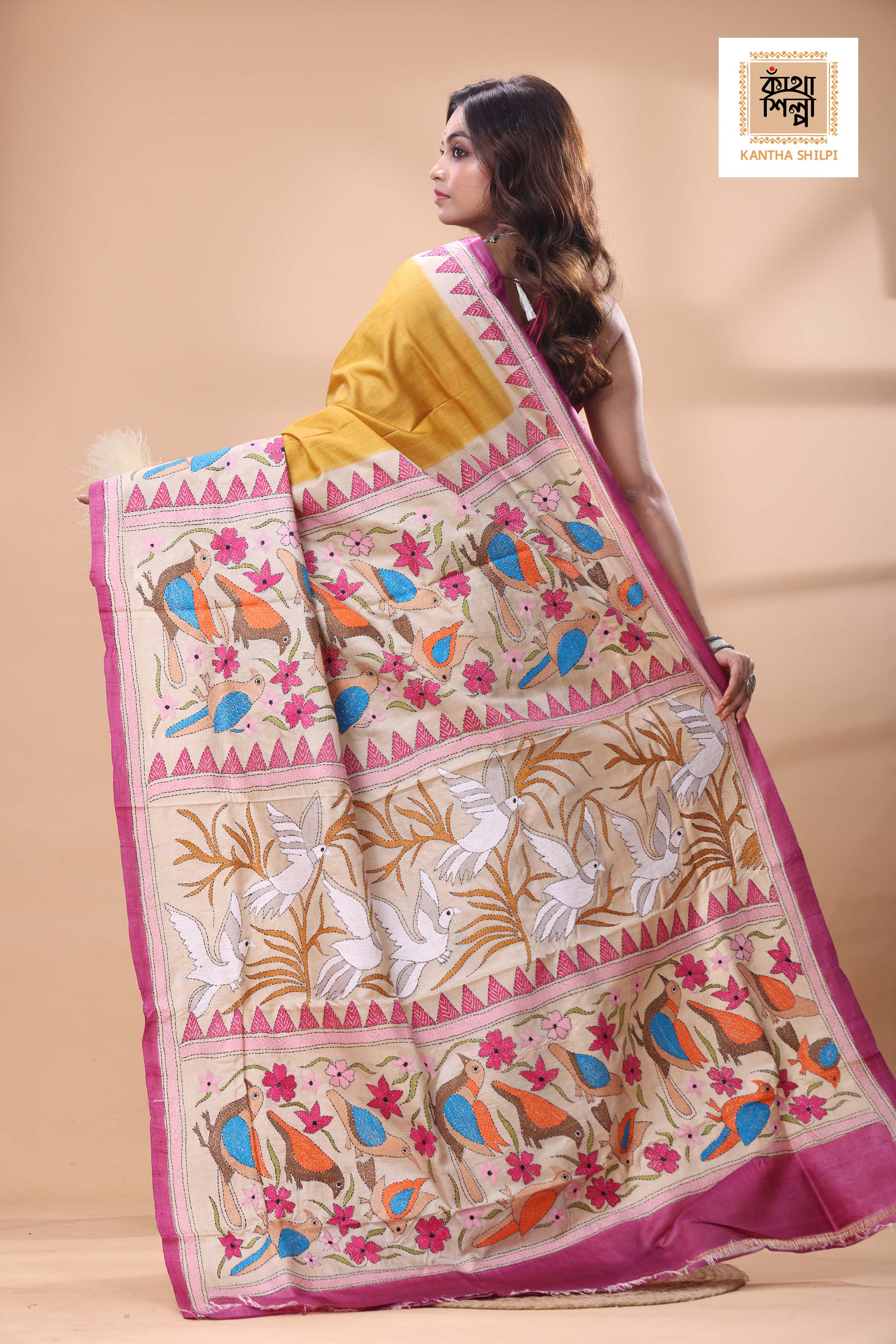 Pure Gachi Tussar Multicolor Thread Work Kantha Stitch Saree