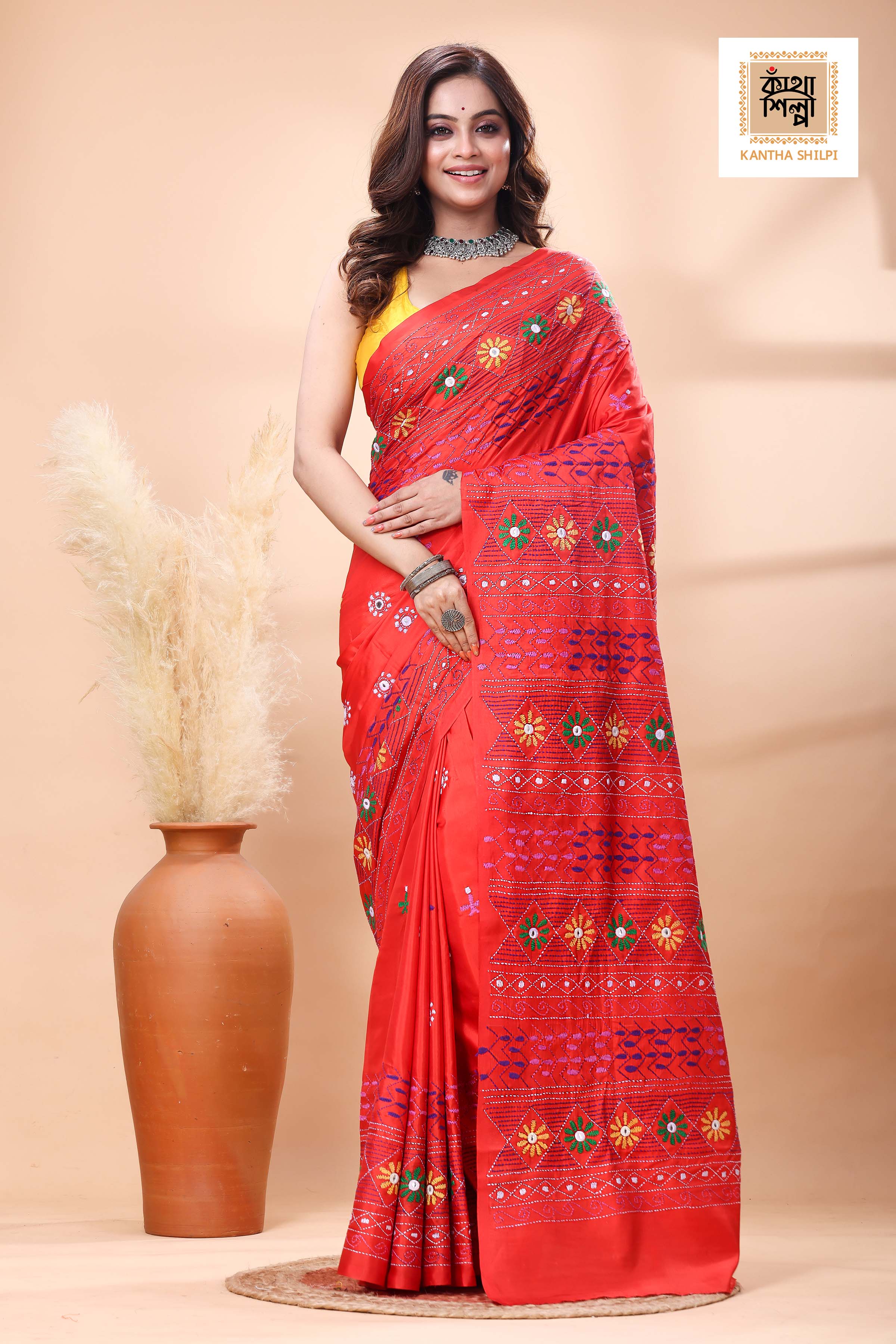 Red Color Bangalore Silk Multicolor Thread Work Lambani Stitch Saree