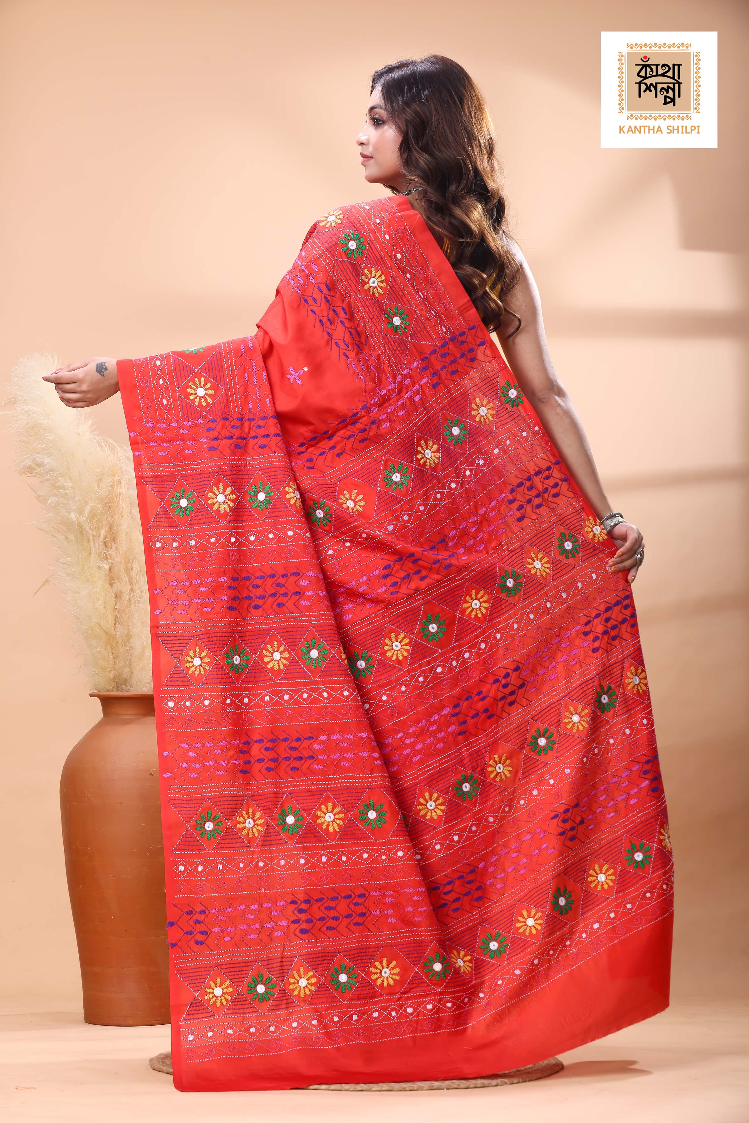 Red Color Bangalore Silk Multicolor Thread Work Lambani Stitch Saree
