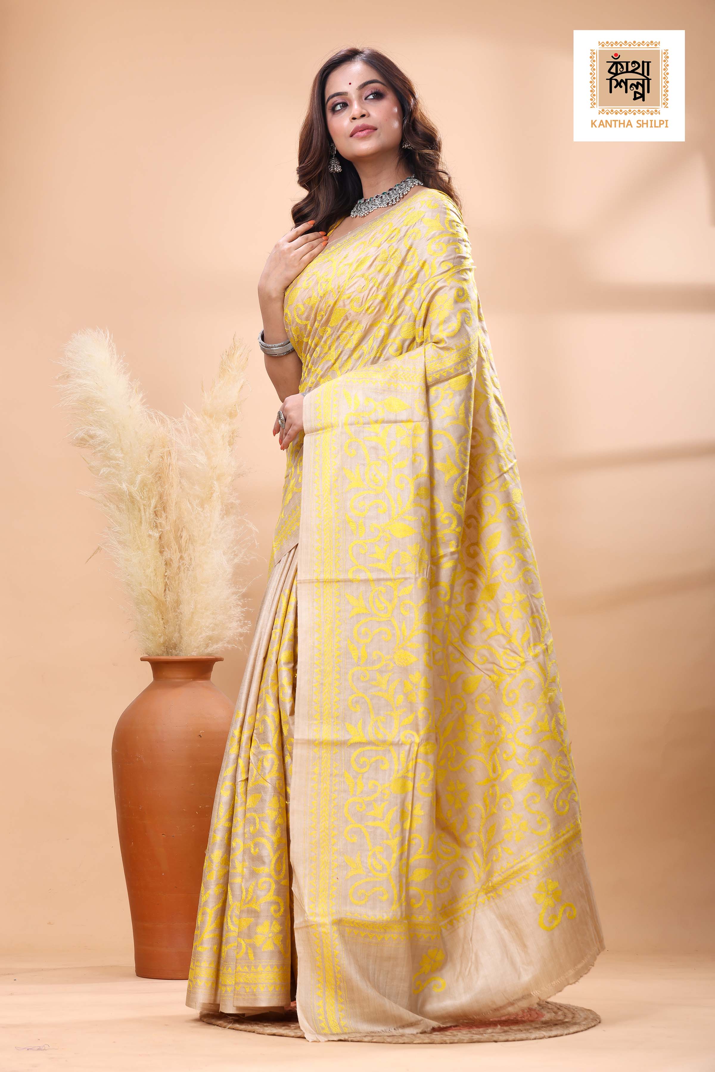 Pure Gachi Tussar Yellow color Thread Work Kantha Stitch Saree