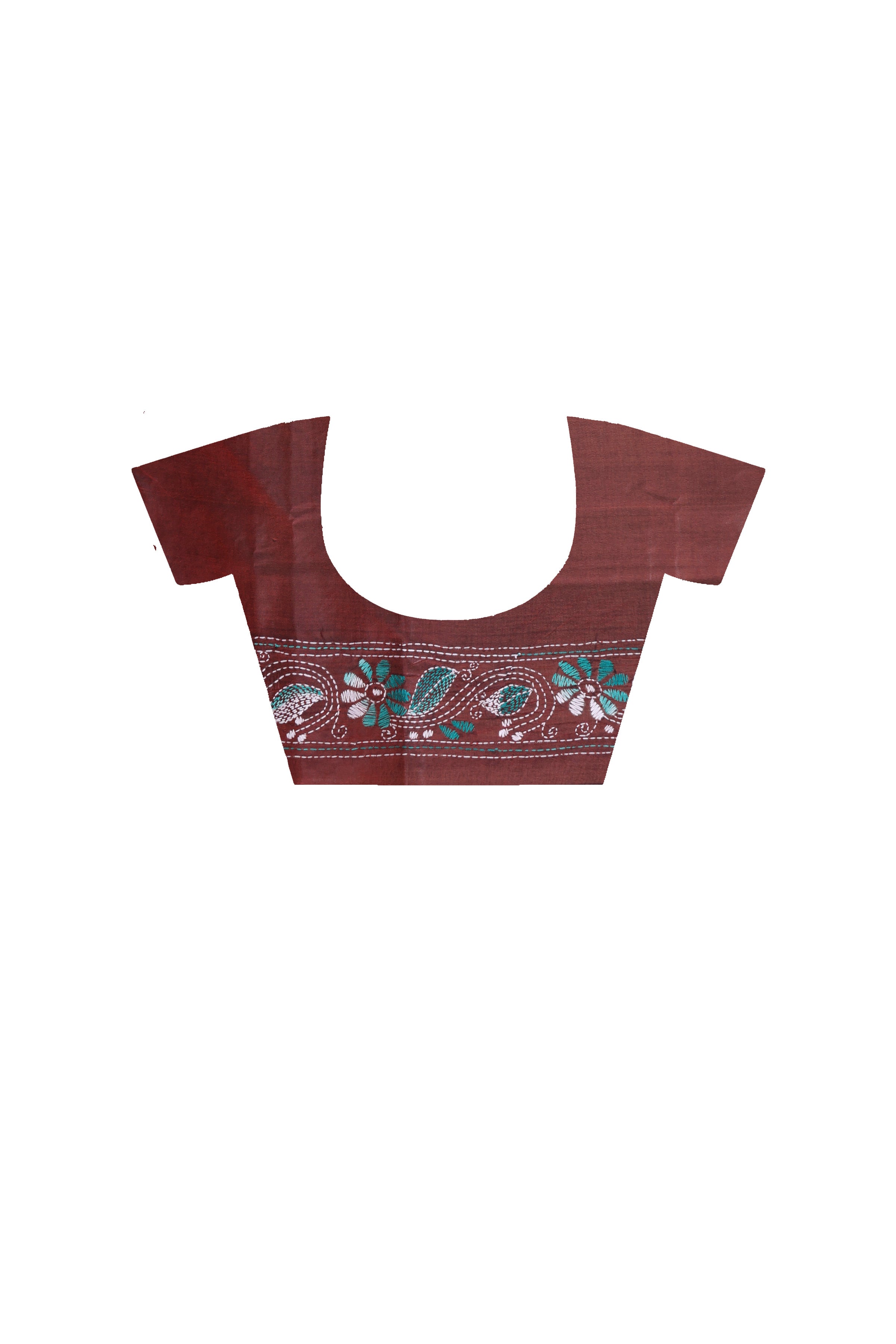 Maroon Color Bangalore Silk white-sea green color Thread Work Kantha Stitch Saree
