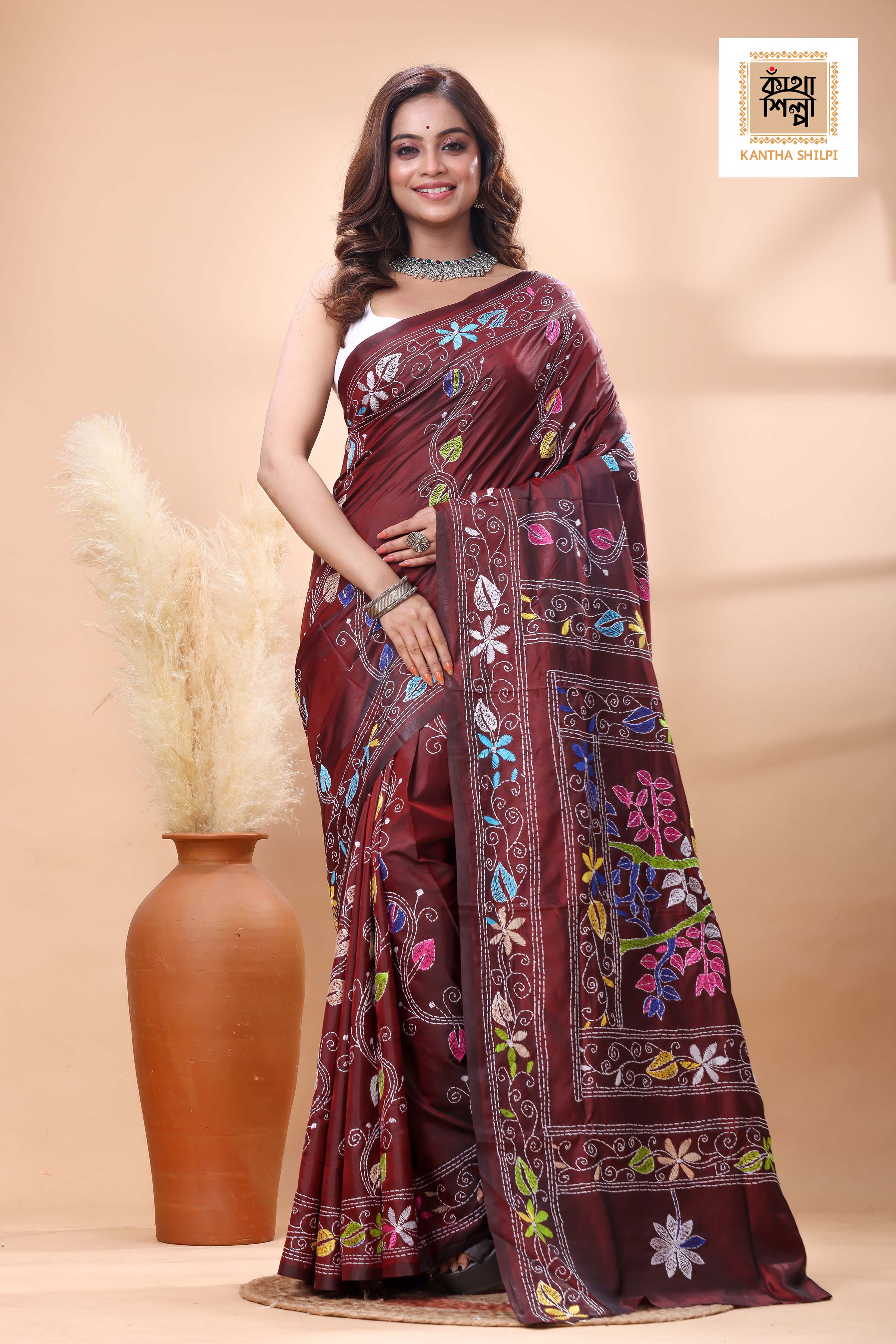 Maroon Color Bangalore Silk Multicolor Thread Work Kantha Stitch Saree