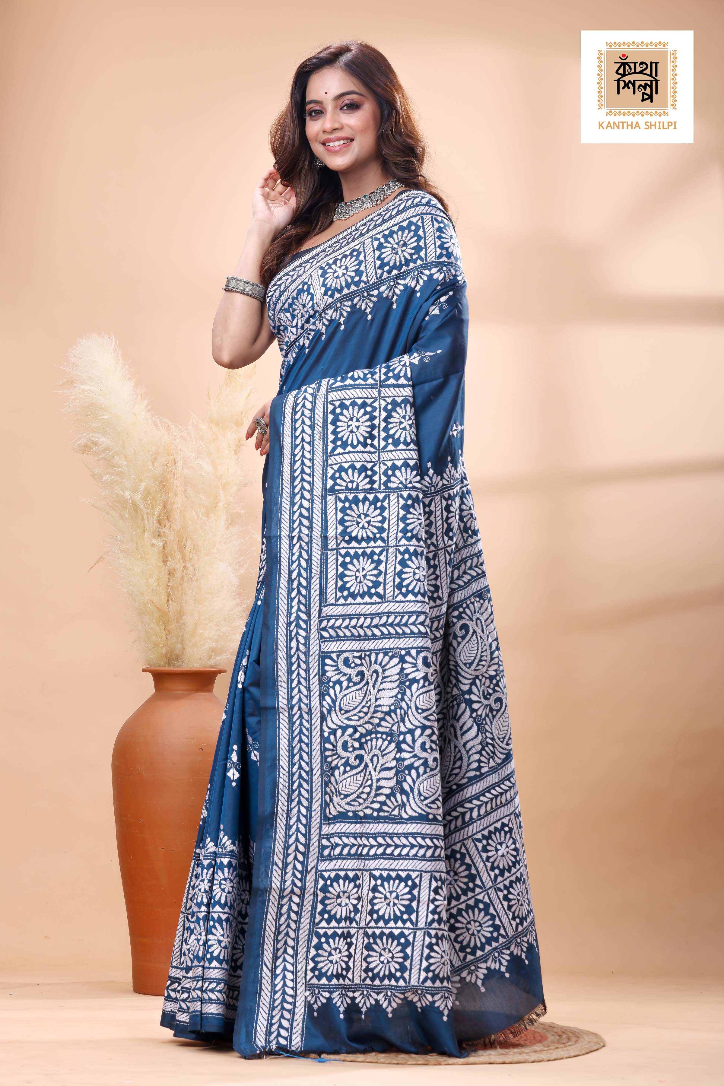 Blue Color Bangalore Silk White Color Thread Work Kantha Stitch Saree
