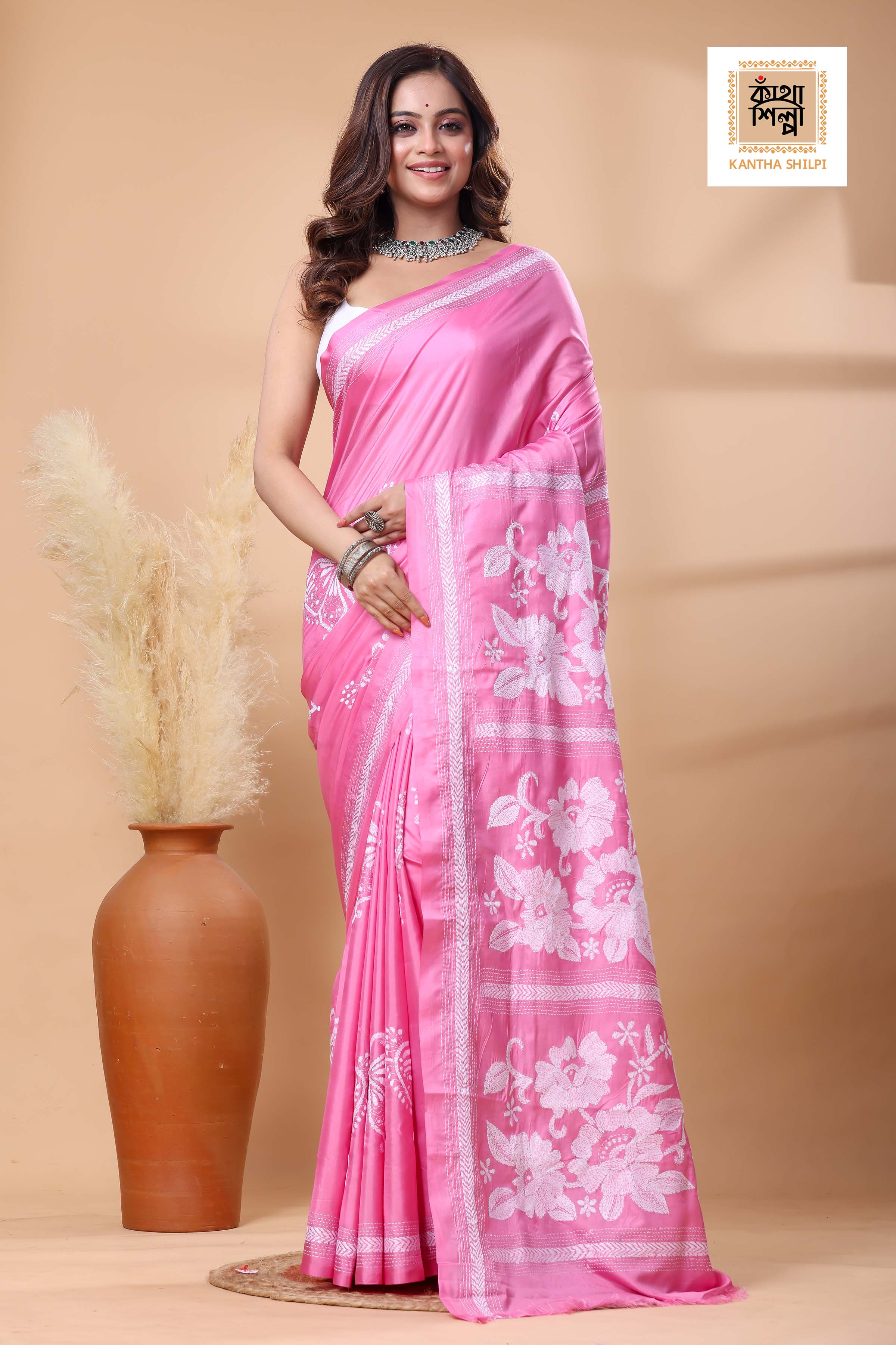 Pink Color Bangalore Silk White Color Thread Work Kantha Stitch Saree
