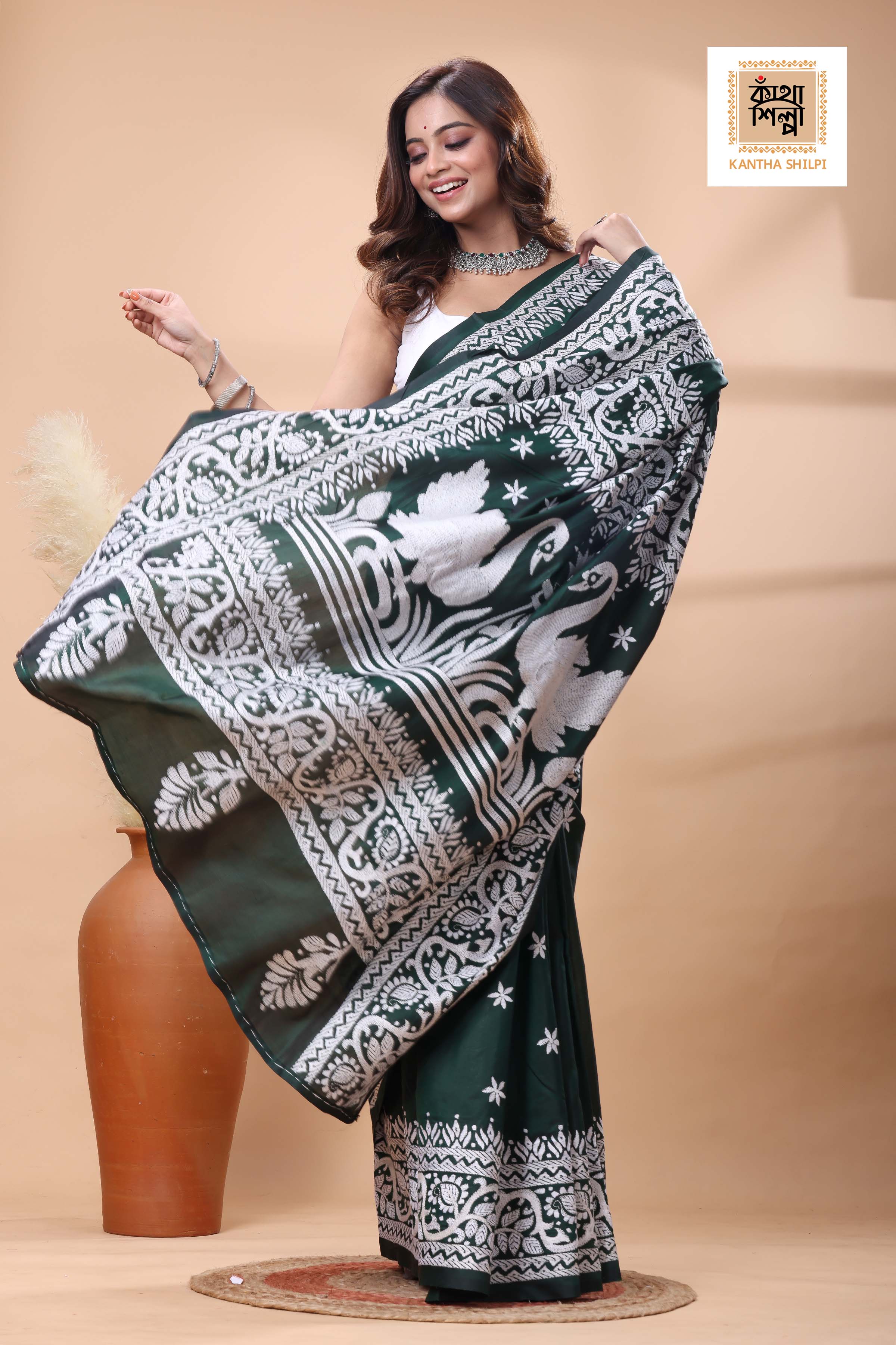 Green Color Bangalore Silk White Color Thread Work Kantha Stitch Saree