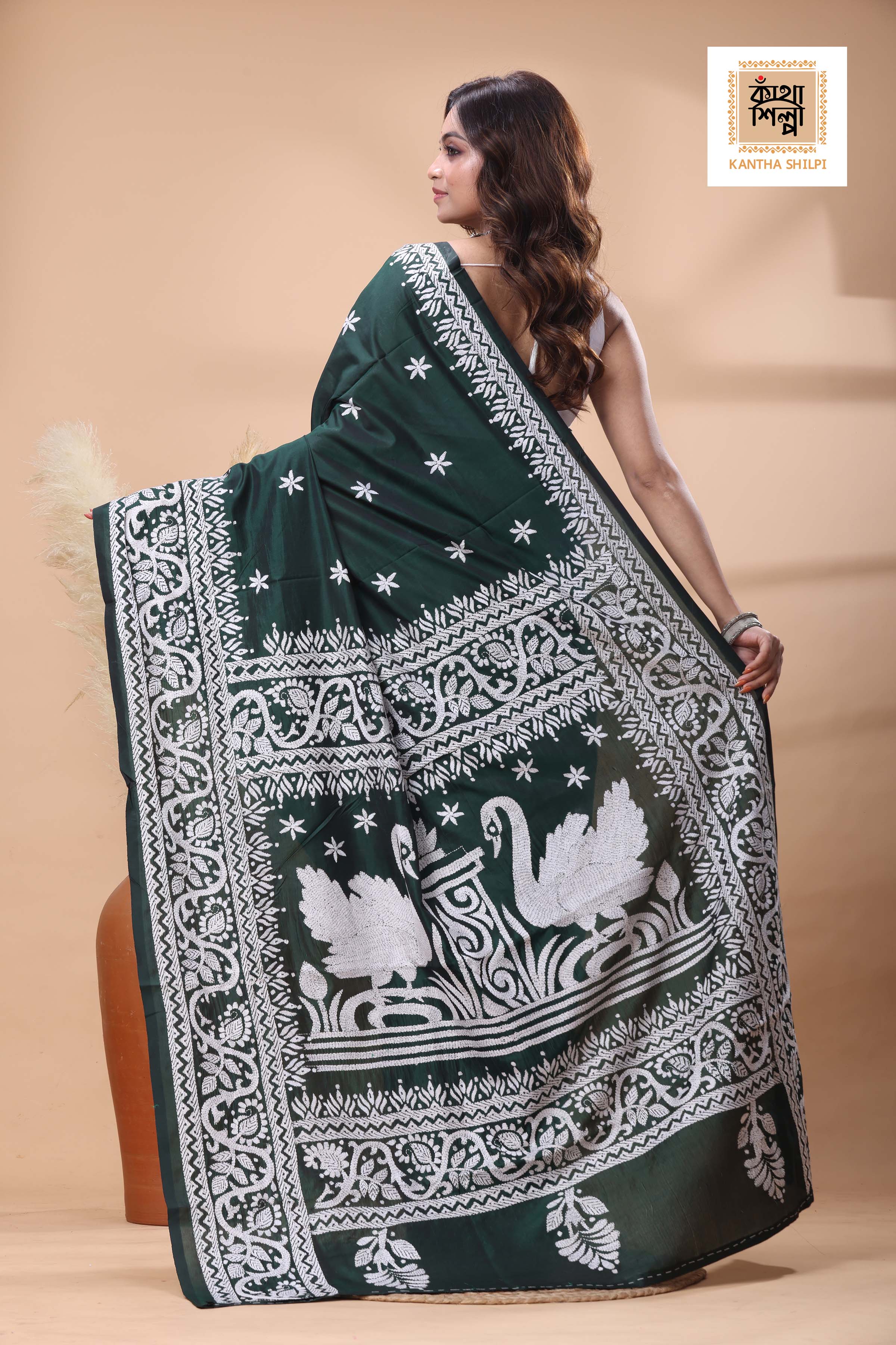 Green Color Bangalore Silk White Color Thread Work Kantha Stitch Saree