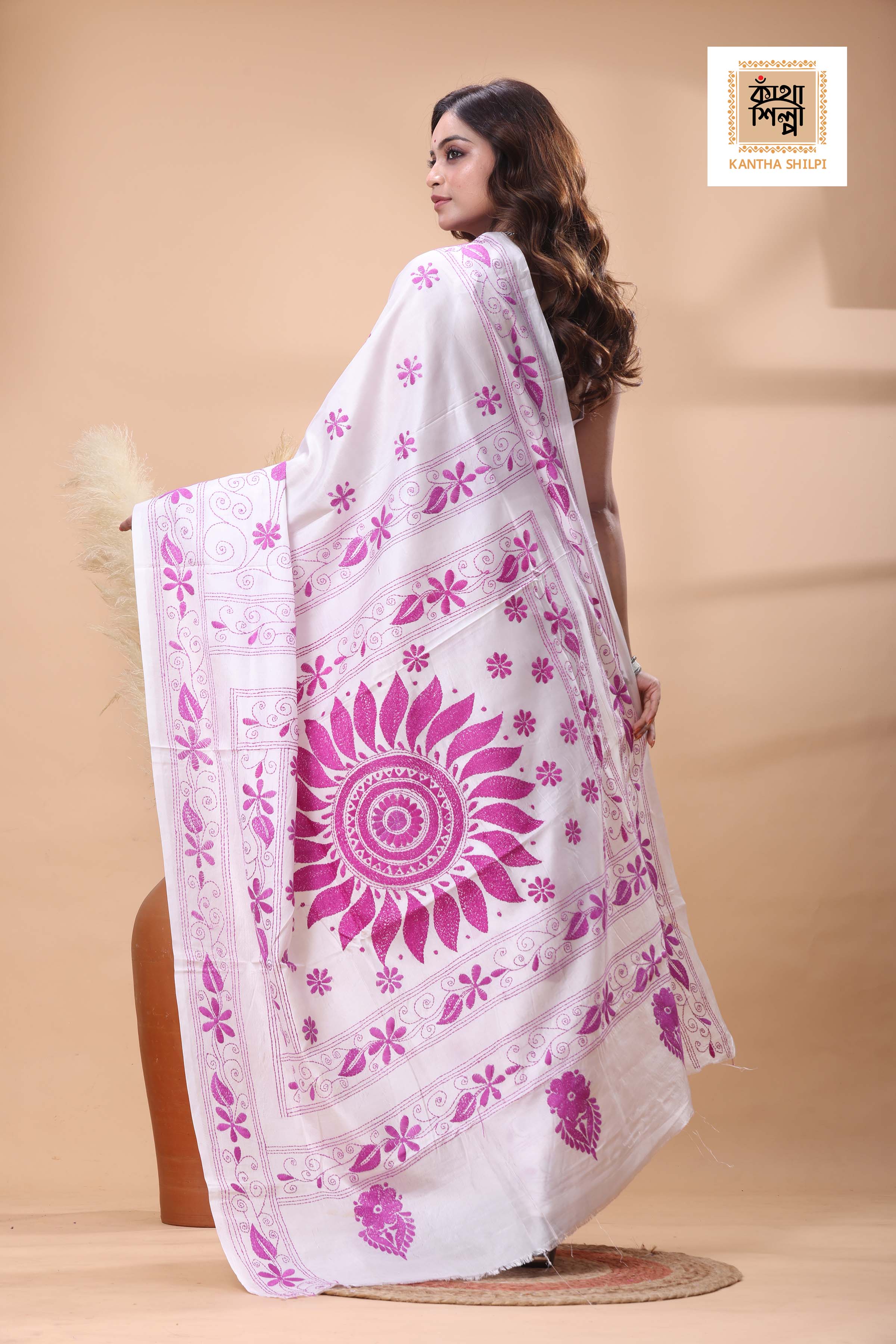 White Color Bangalore Silk Pink Color Thread Work Kantha Stitch Saree