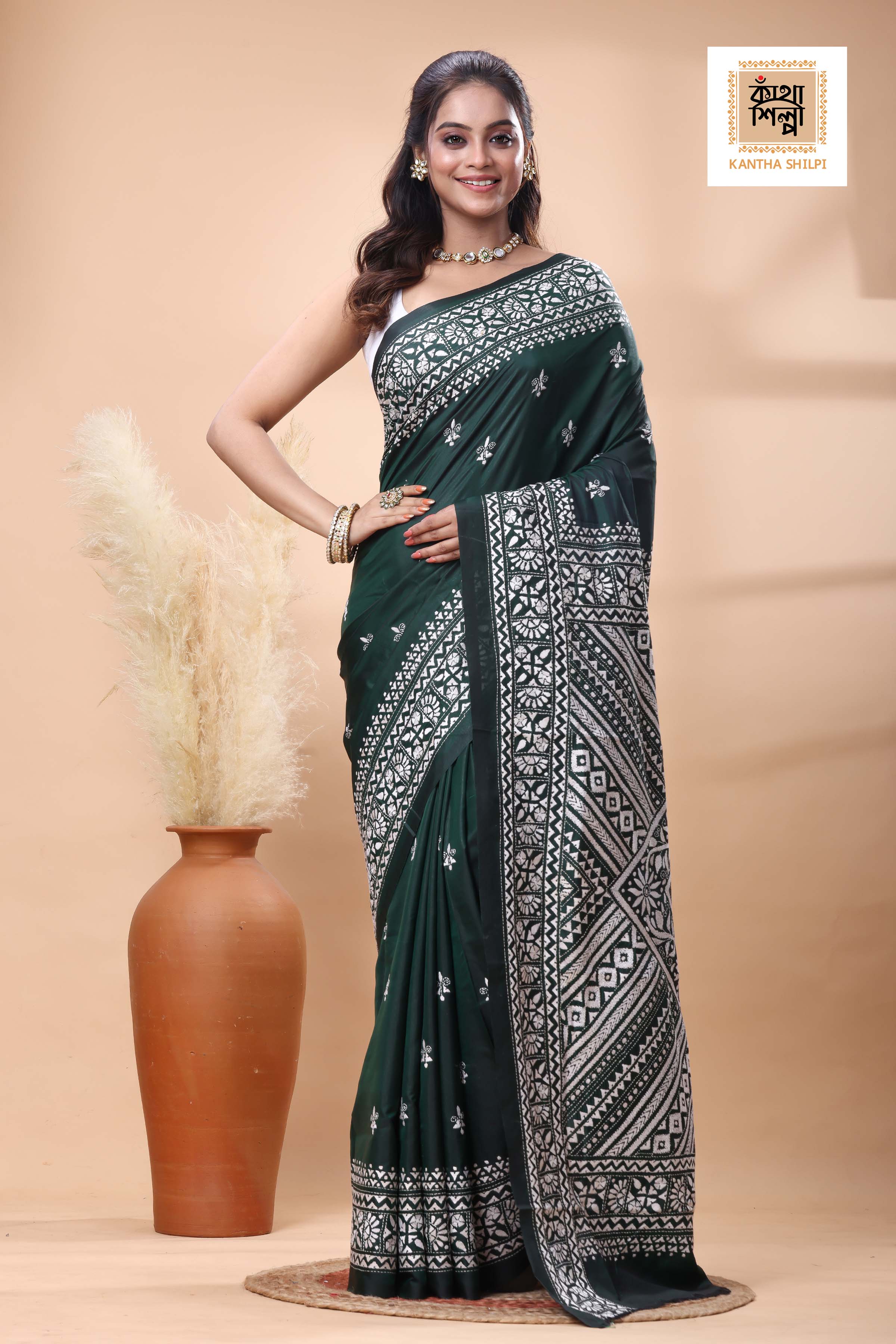 Green Color Bangalore Silk White Color Thread Work Kantha Stitch Saree