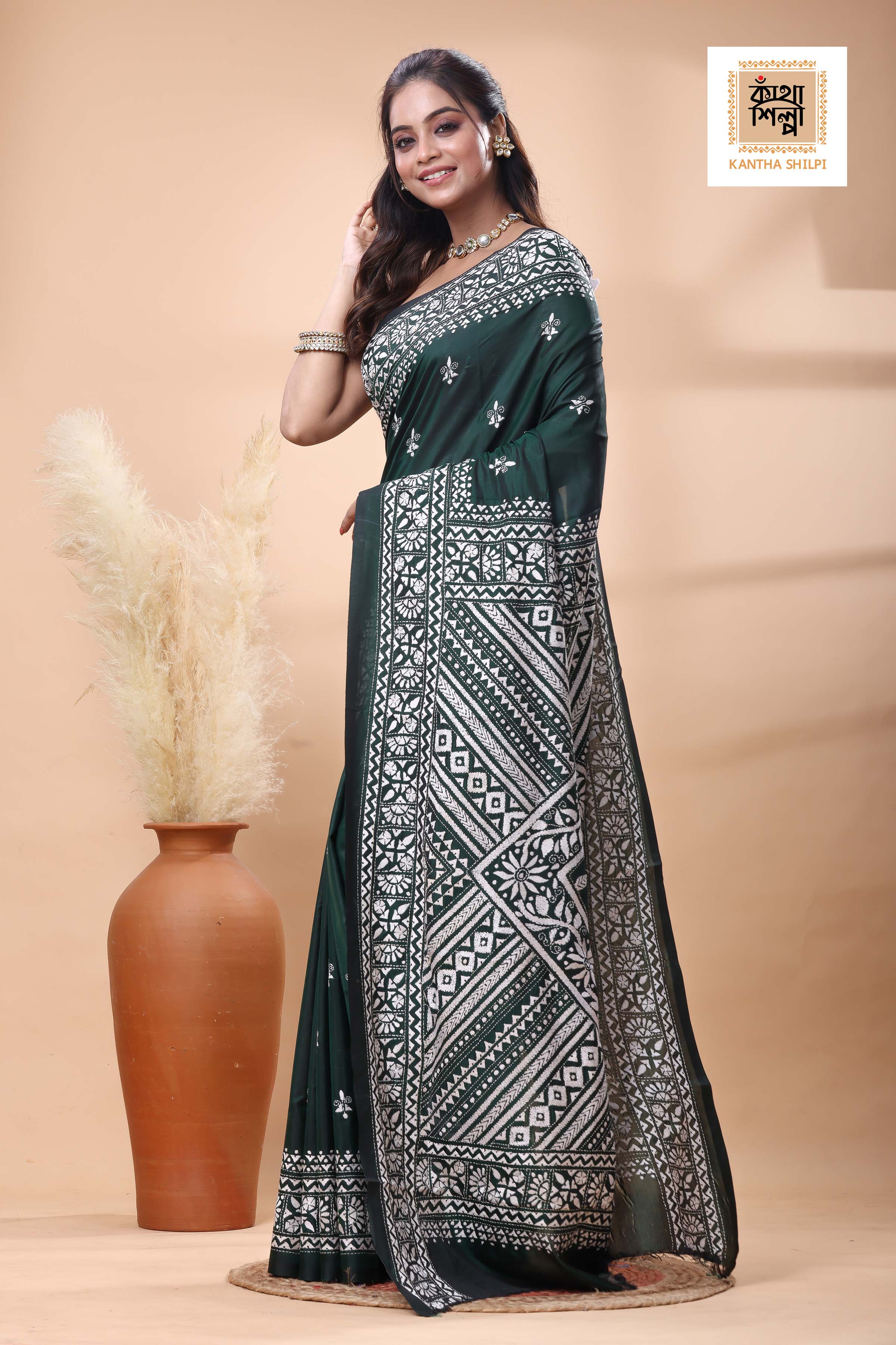 Green Color Bangalore Silk White Color Thread Work Kantha Stitch Saree