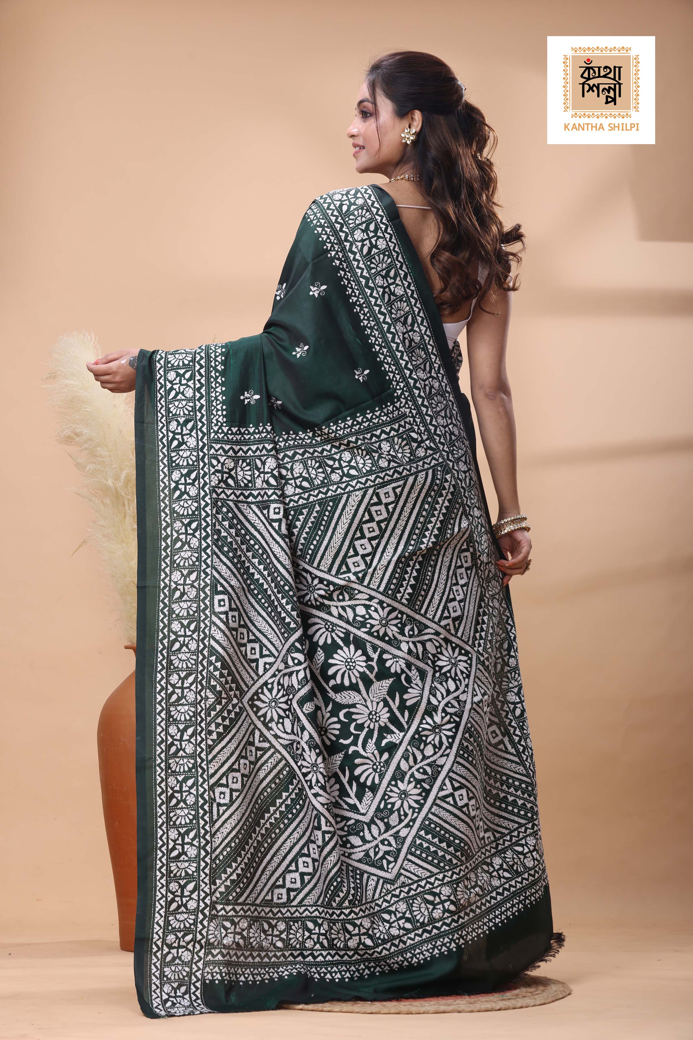 Green Color Bangalore Silk White Color Thread Work Kantha Stitch Saree
