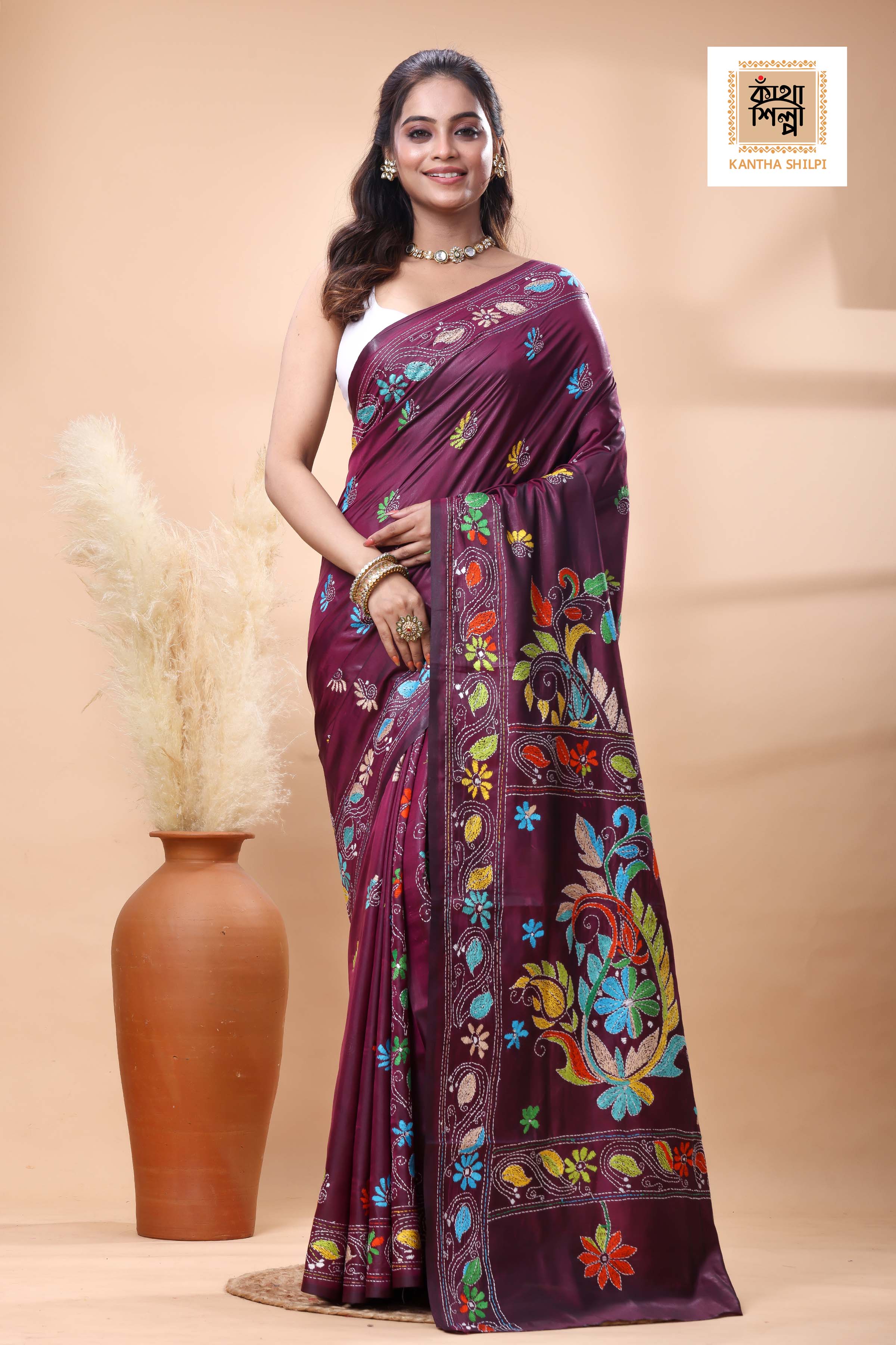 Cherry Cola Color Bangalore Silk Multicolor Thread Work Kantha Stitch Saree