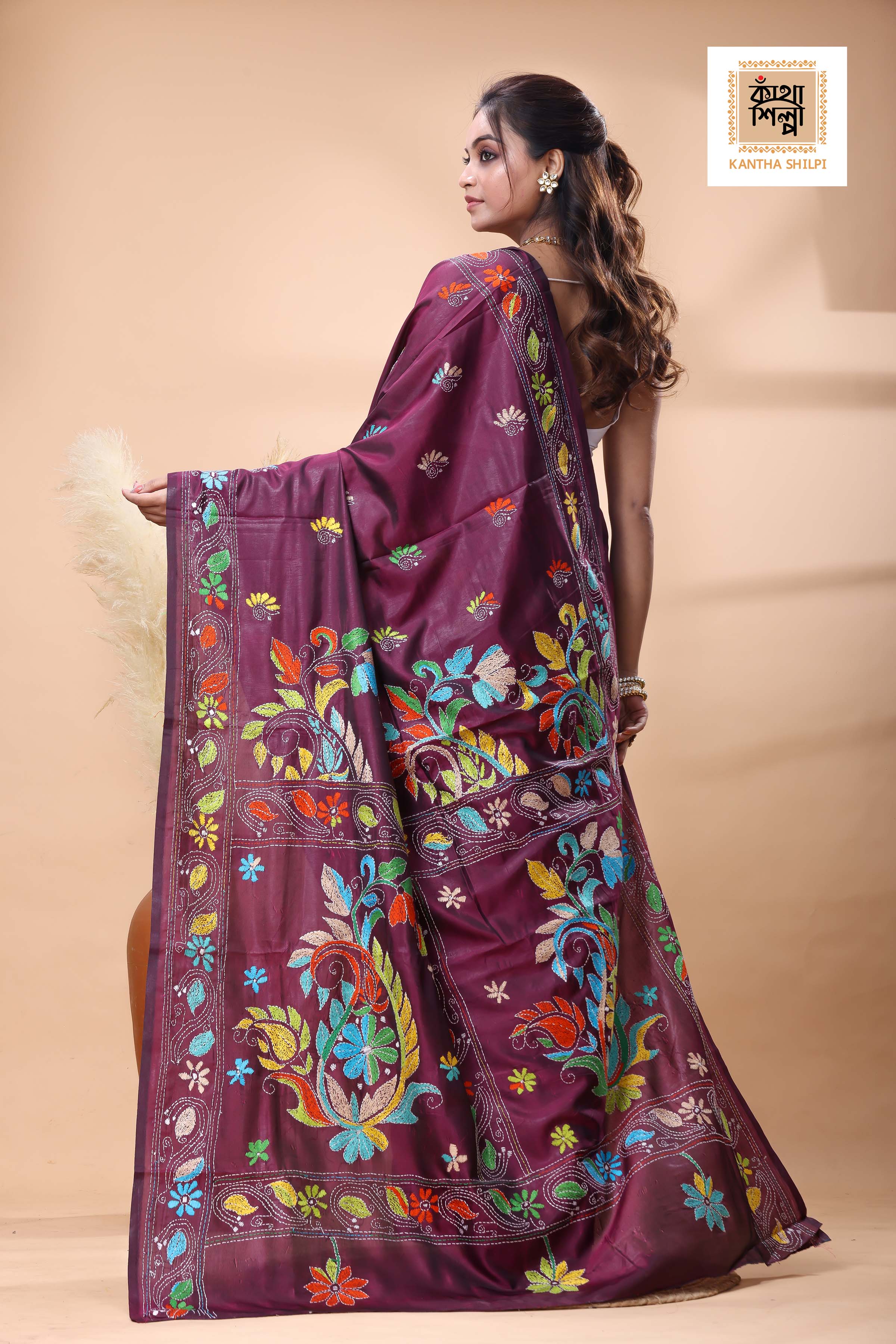 Cherry Cola Color Bangalore Silk Multicolor Thread Work Kantha Stitch Saree
