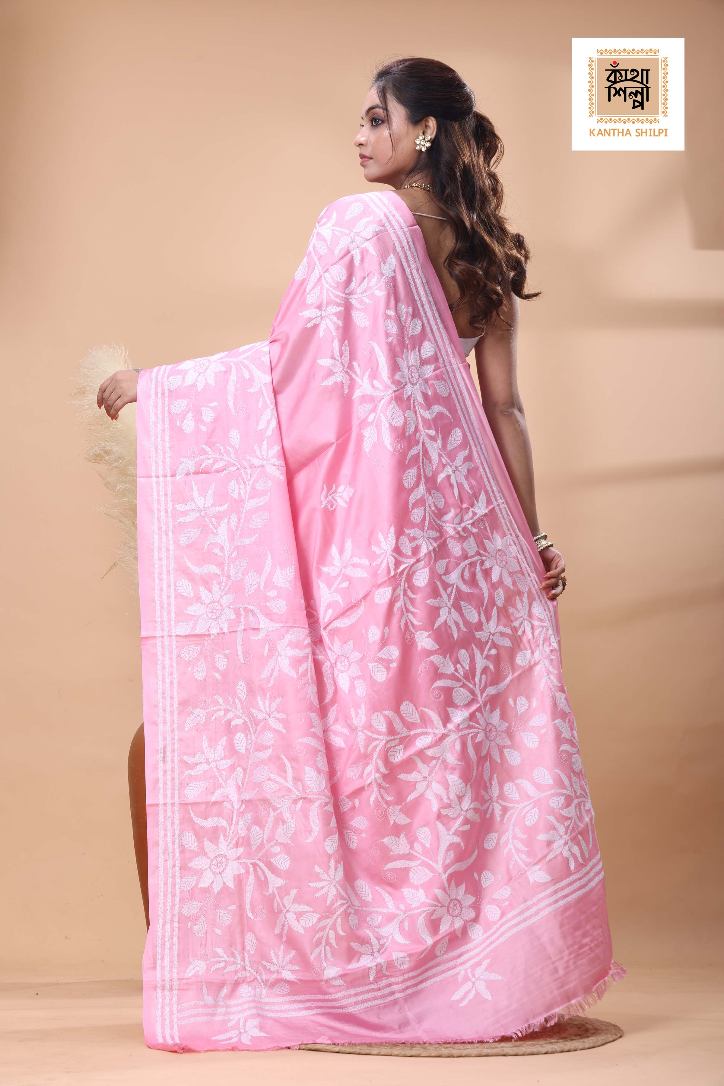Pink Color Bangalore Silk White Color Thread Work Kantha Stitch Saree