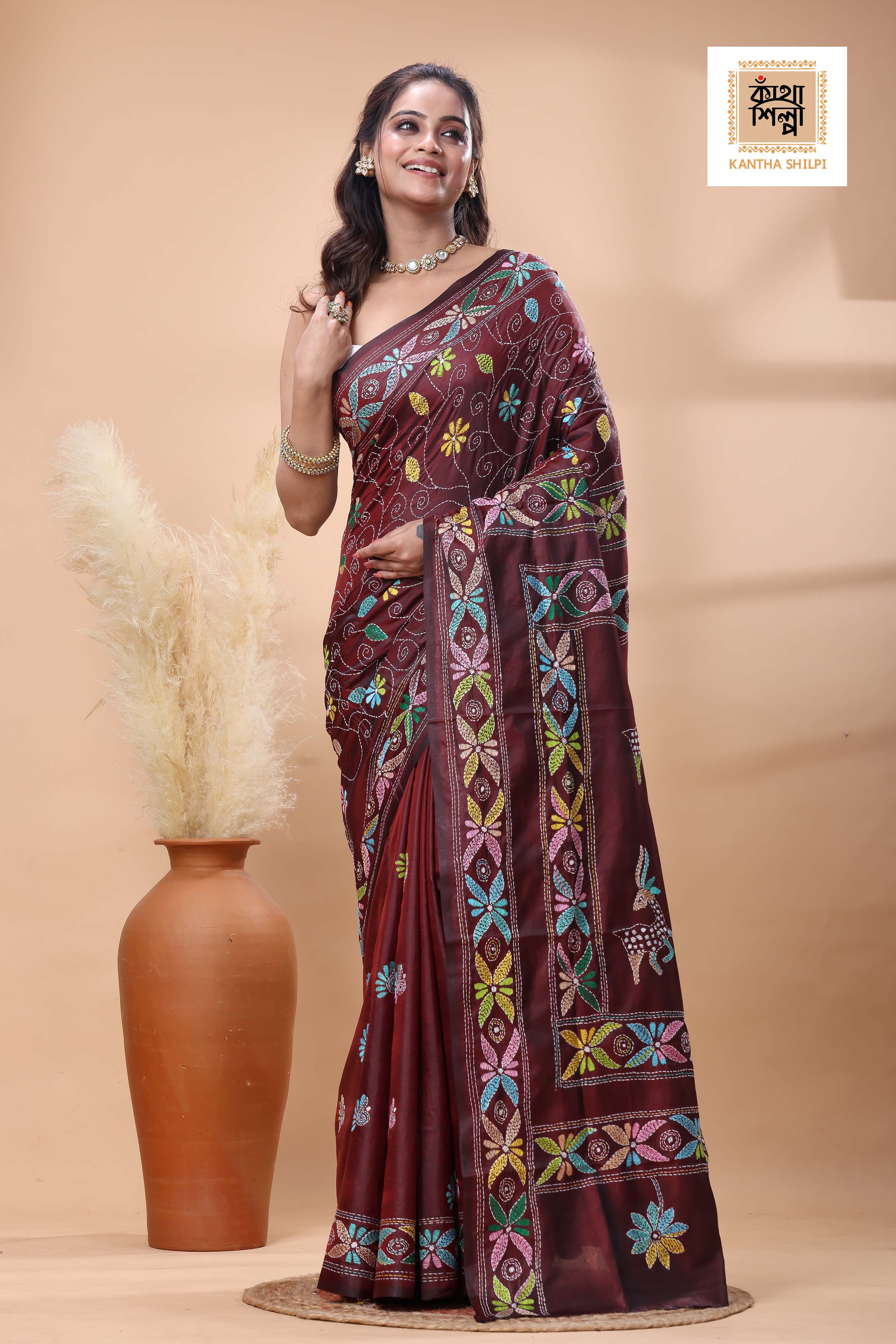 Maroon Color Bangalore Silk multicolor Thread Work Kantha Stitch Saree