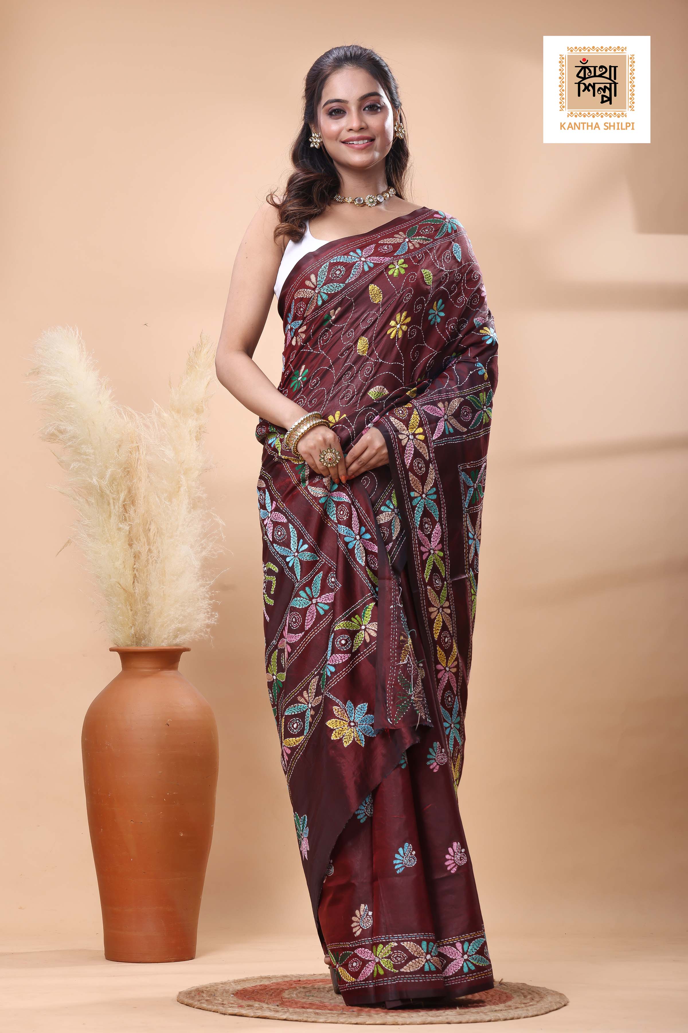 Maroon Color Bangalore Silk multicolor Thread Work Kantha Stitch Saree