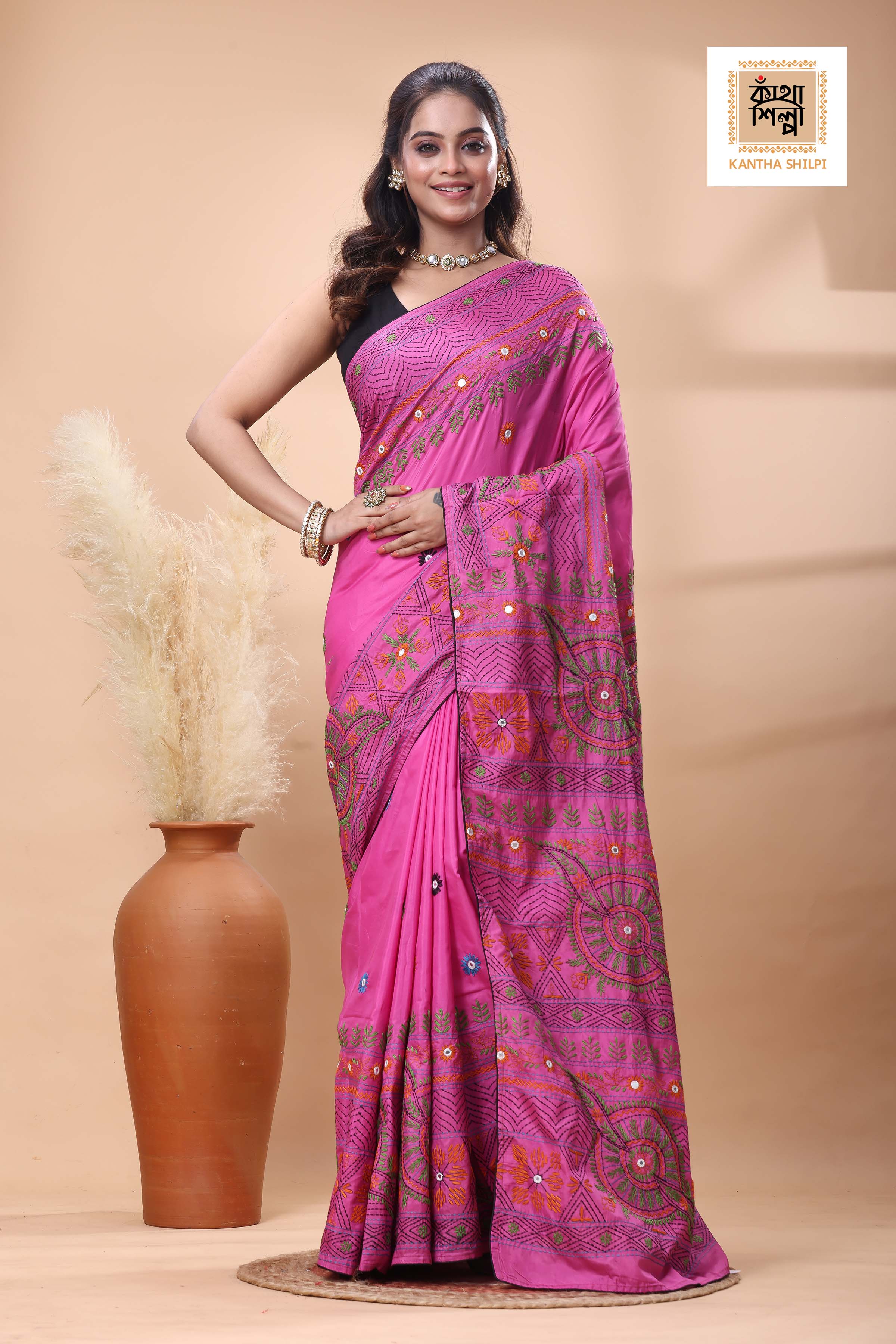 Rani Color Bangalore Silk Multicolor Thread Work Lambani Stitch Saree