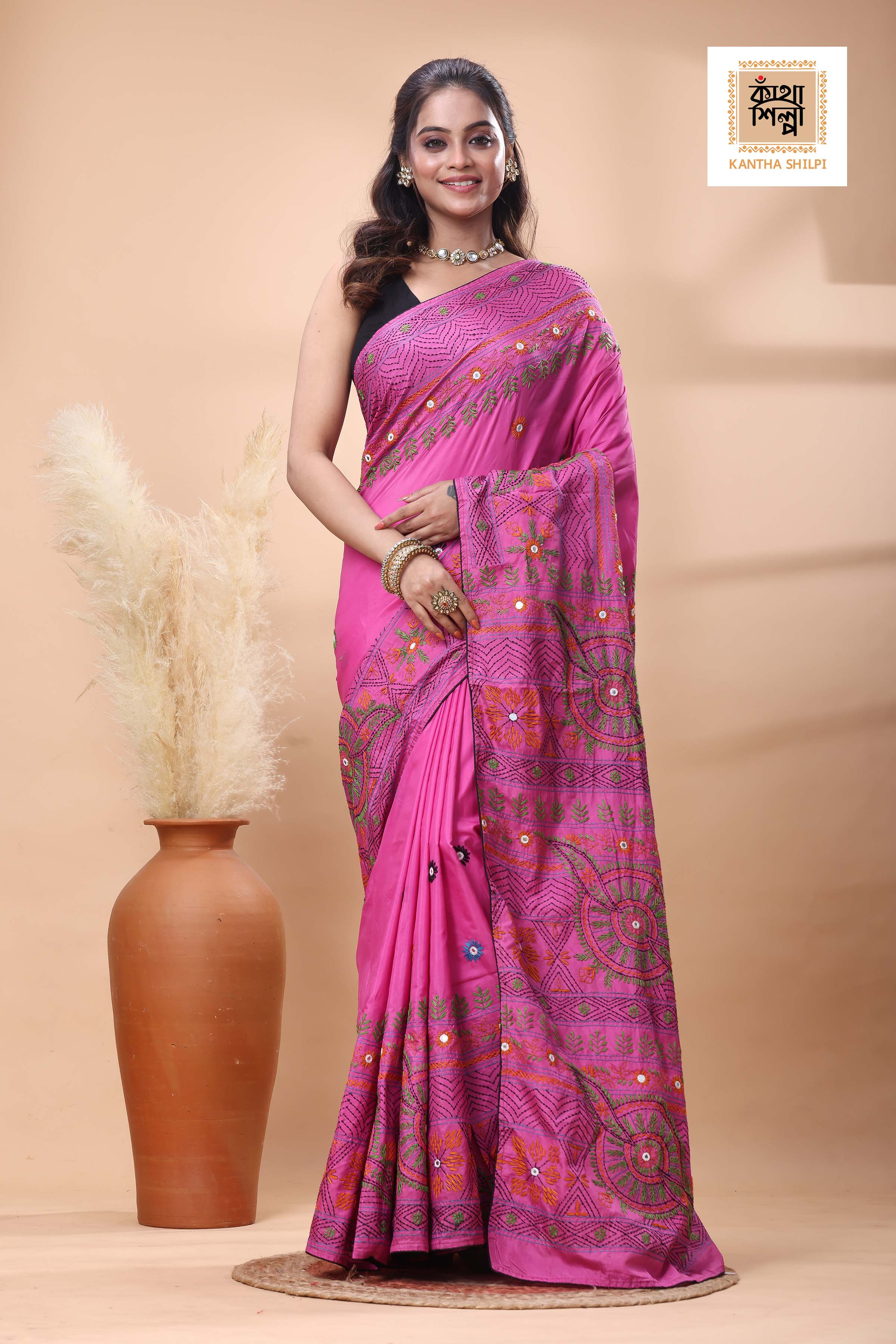 Rani Color Bangalore Silk Multicolor Thread Work Lambani Stitch Saree