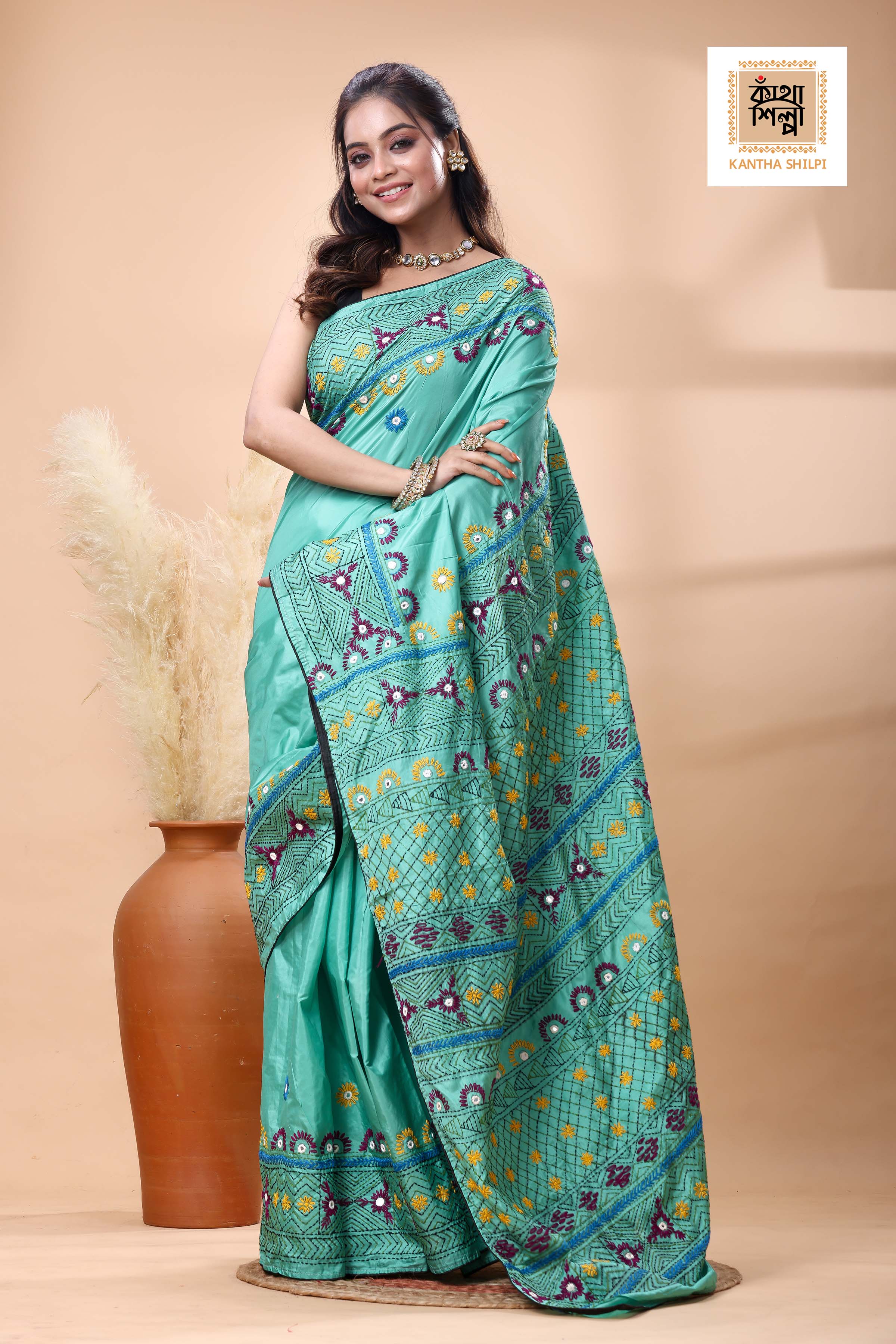 Teal Color Bangalore Silk Multicolor Thread Work Lambani Stitch Saree
