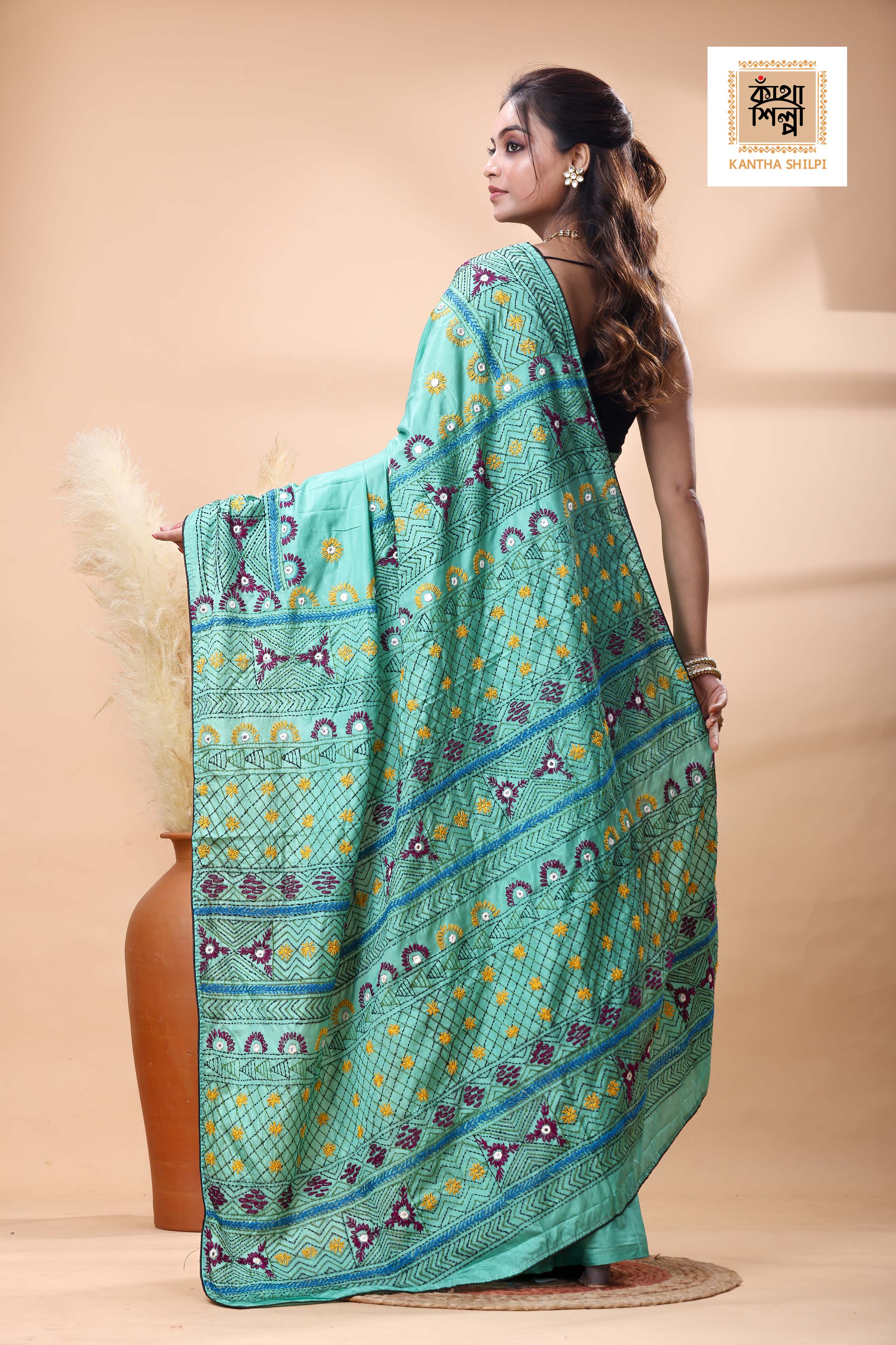 Teal Color Bangalore Silk Multicolor Thread Work Lambani Stitch Saree