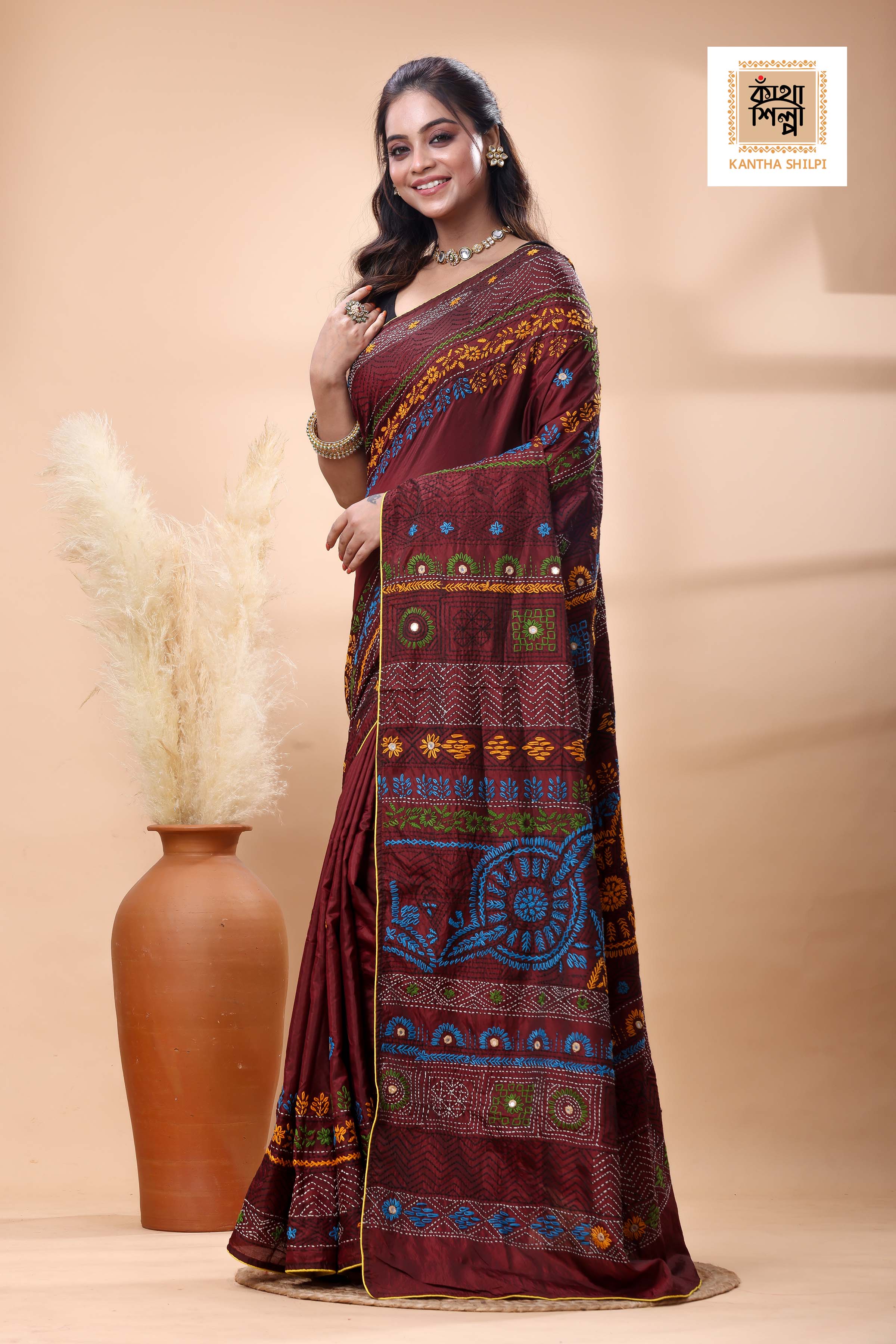Maroon Color Bangalore Silk Multicolor Thread Work Lambani Stitch Saree