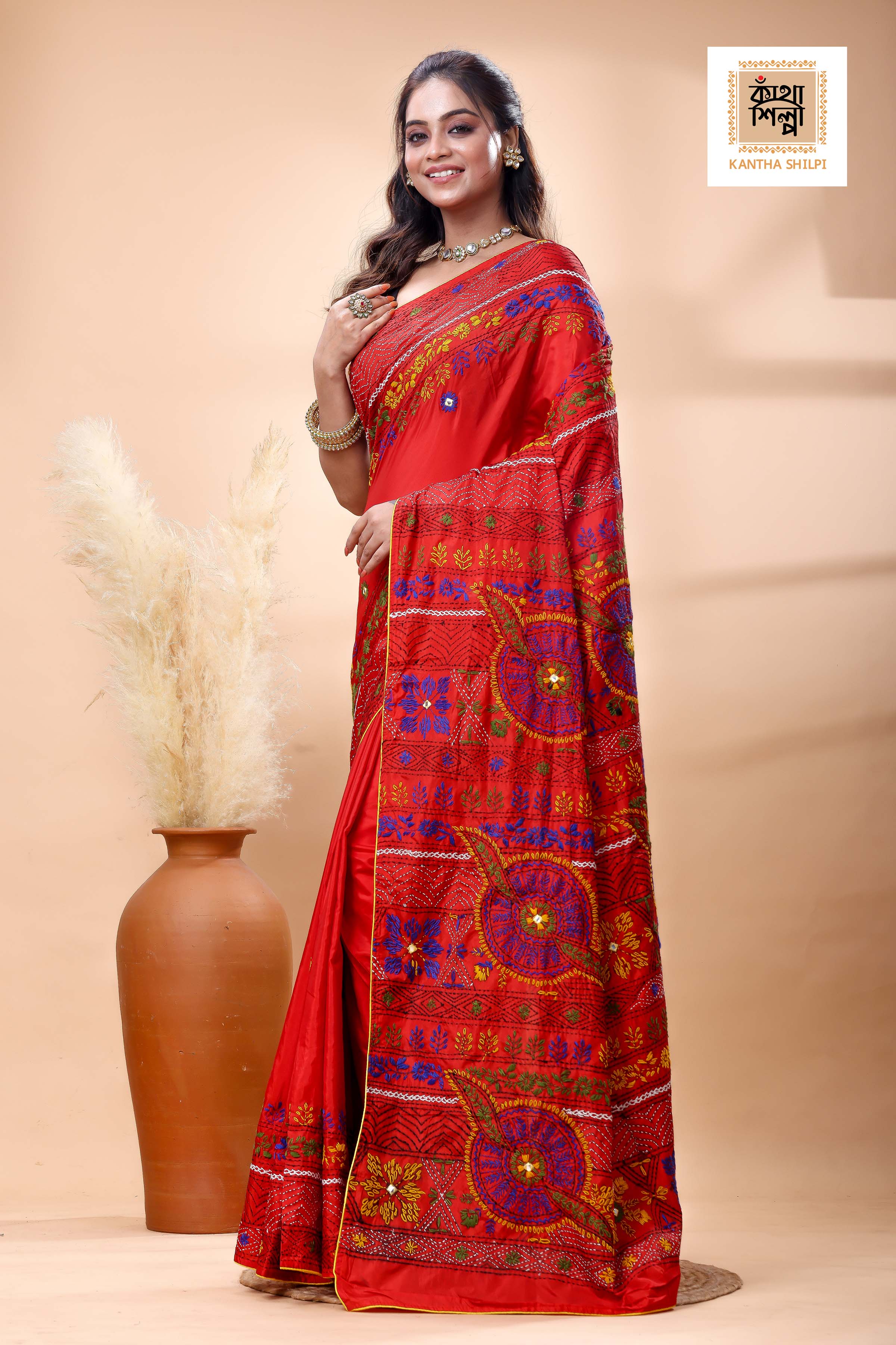 Red Color Bangalore Silk Multicolor Thread Work Lambani Stitch Saree