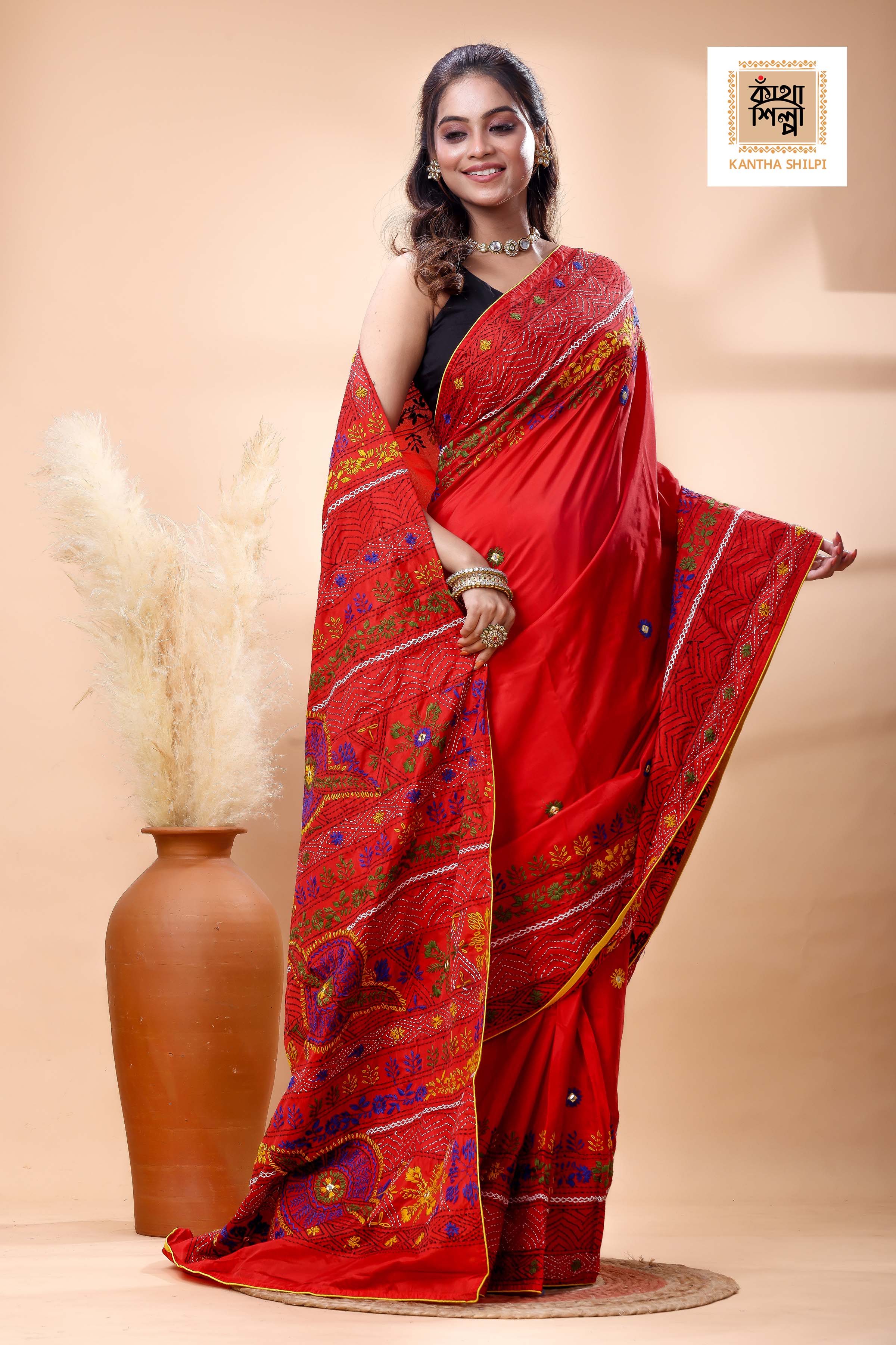 Red Color Bangalore Silk Multicolor Thread Work Lambani Stitch Saree