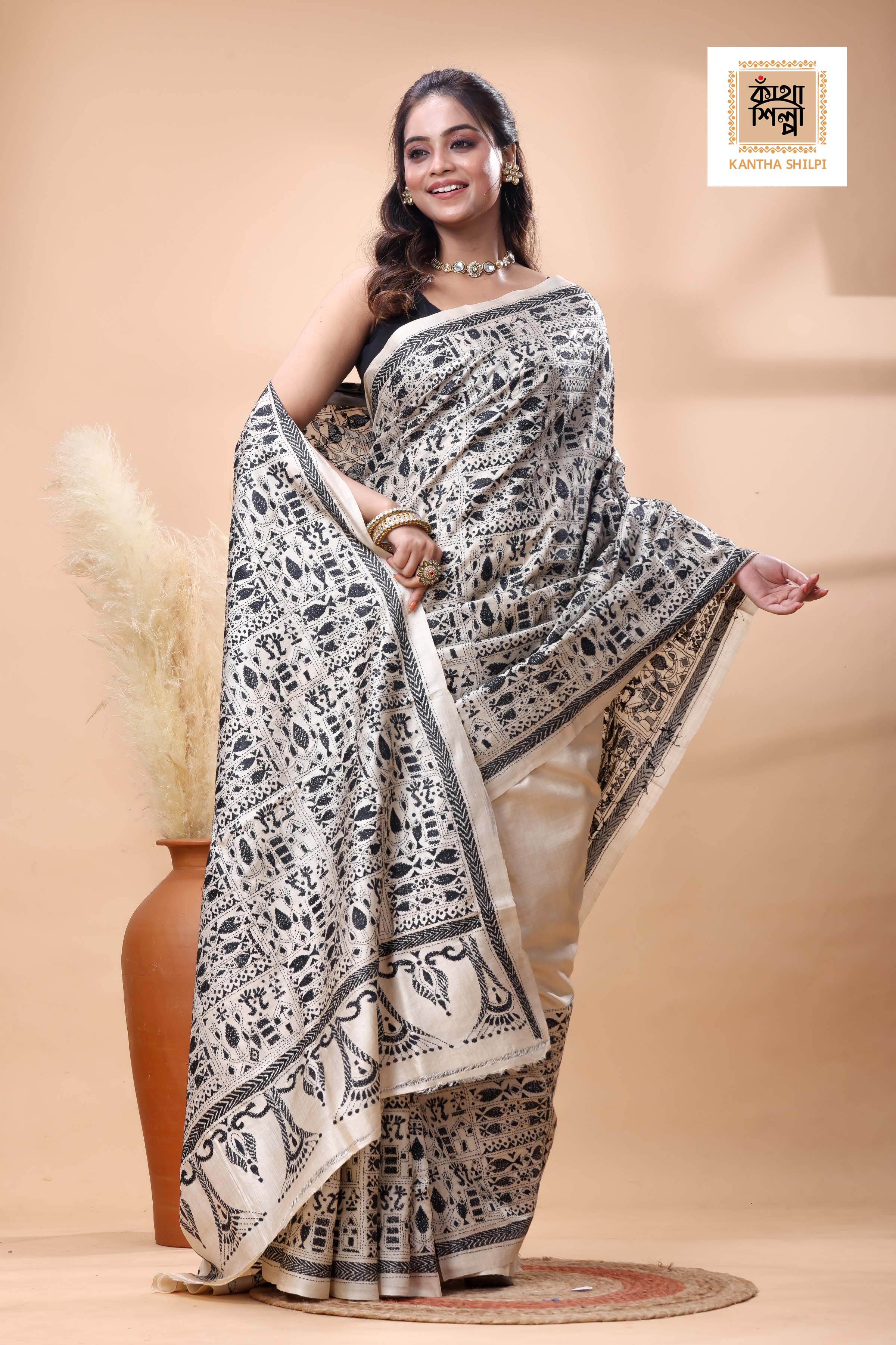 Pure Gachi Tussar Black Color Thread Work Kantha Stitch Saree