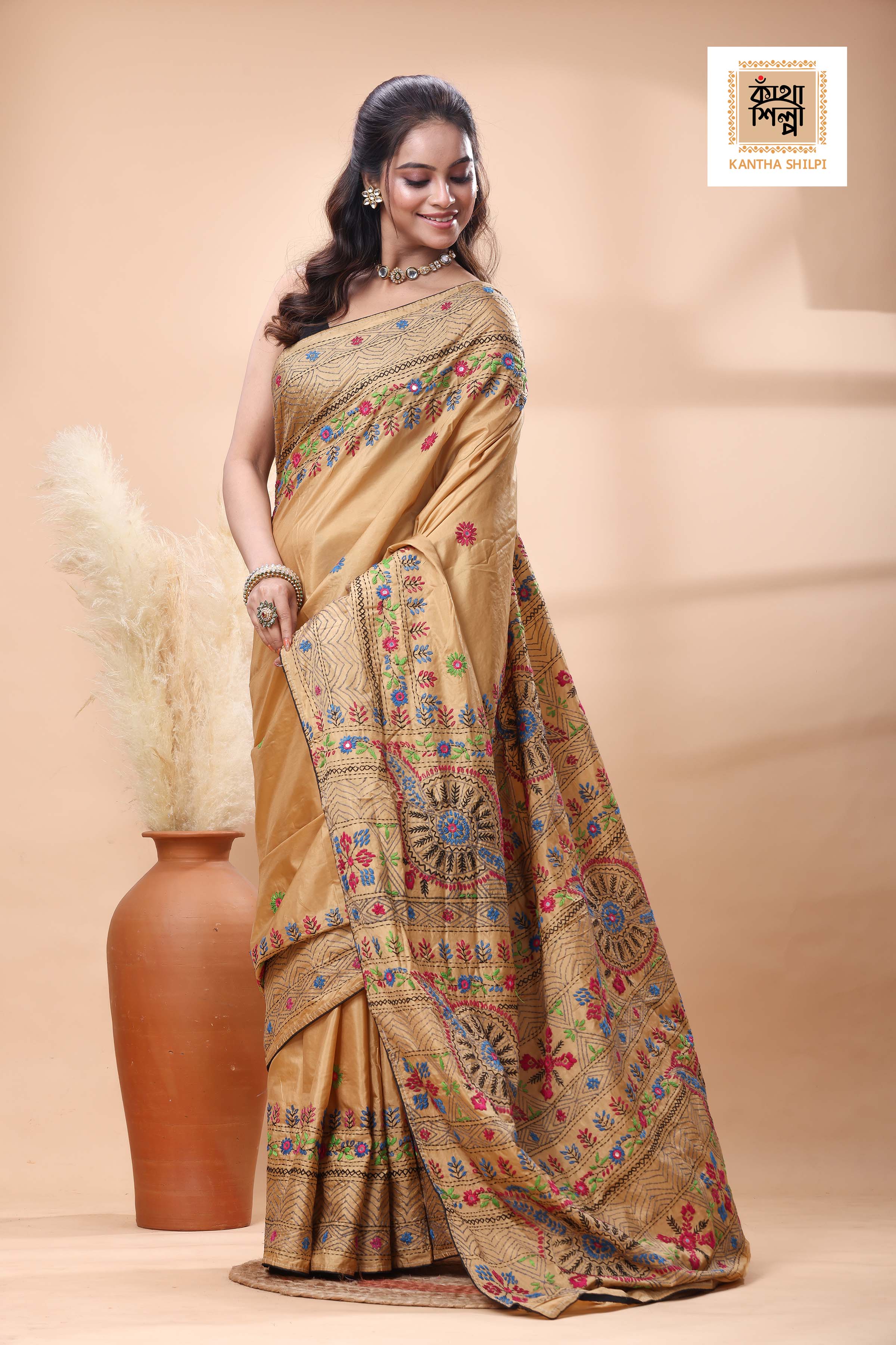 Beige Color Bangalore Silk Multicolor Thread Work Lambani Stitch Saree