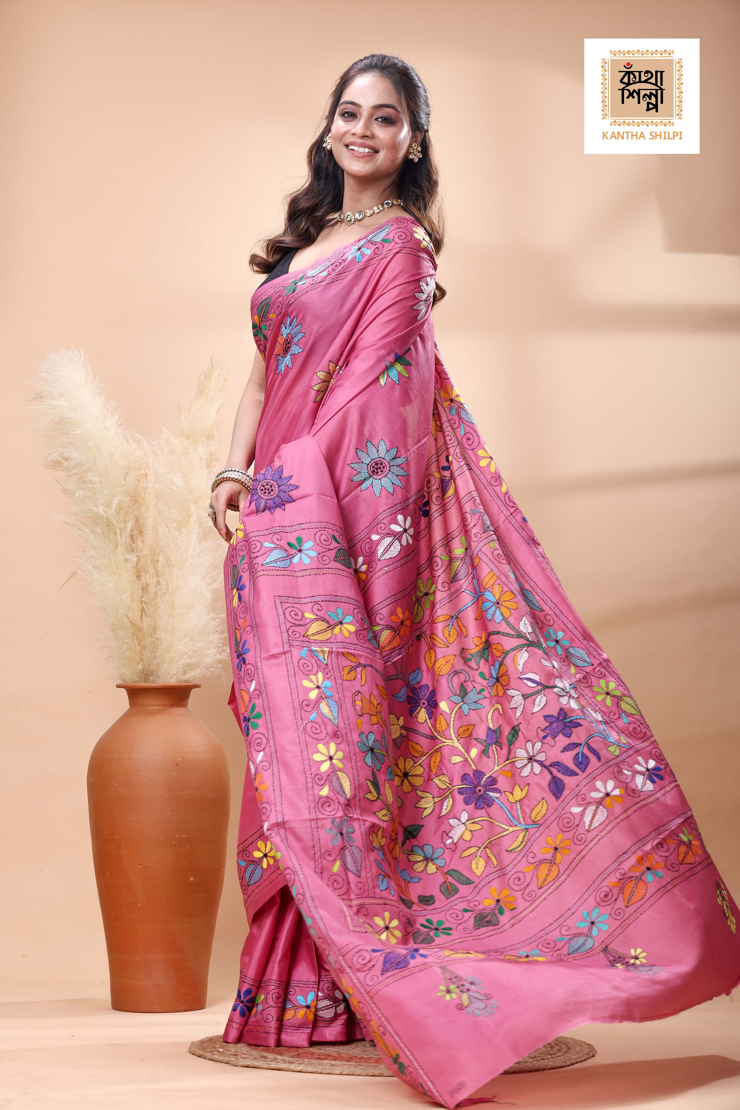 Reddish Pink Color Bangalore Silk Multicolor Thread Work Kantha Stitch Saree