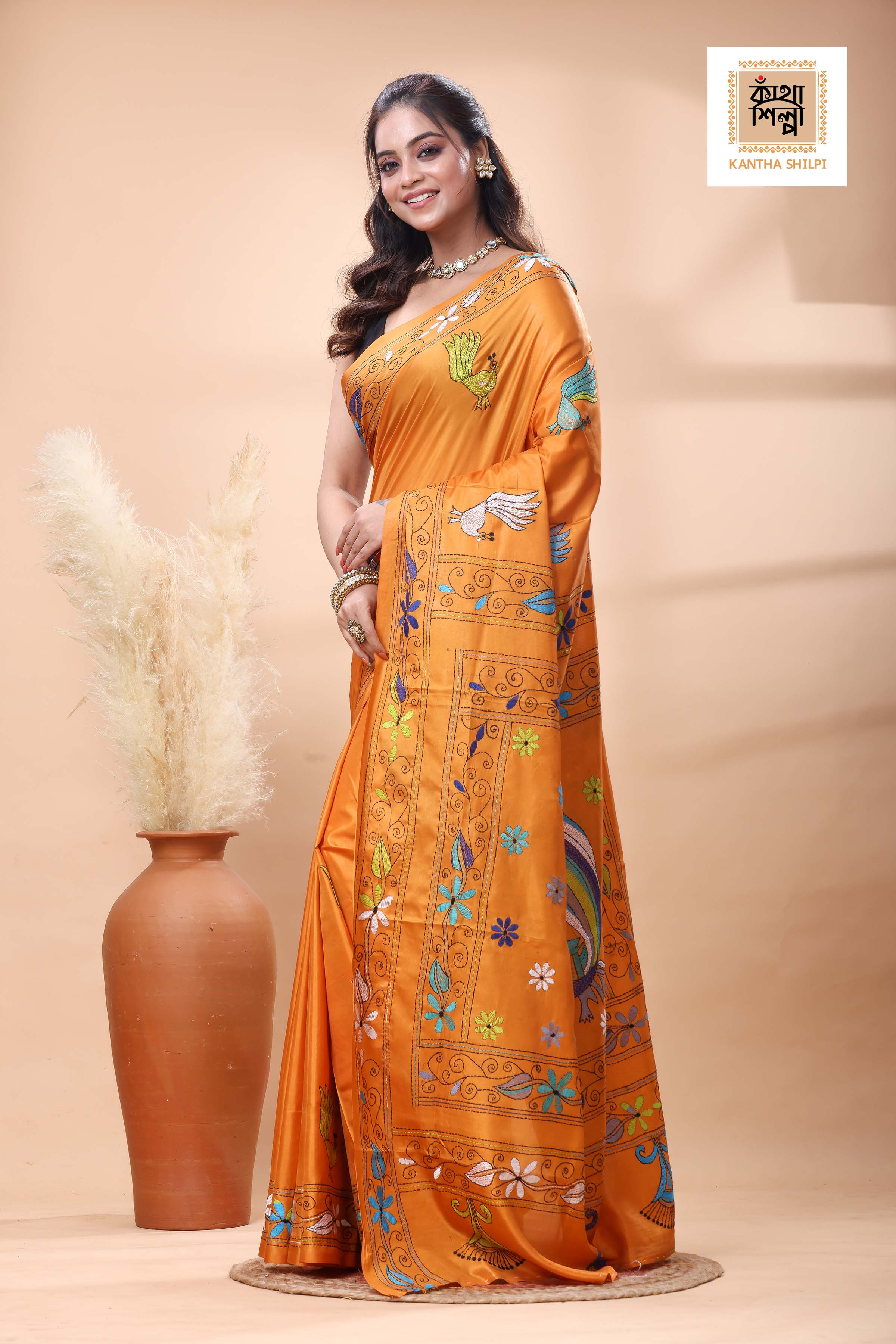 Yellow Color Bangalore Silk Multicolor Thread Work Kantha Stitch Saree