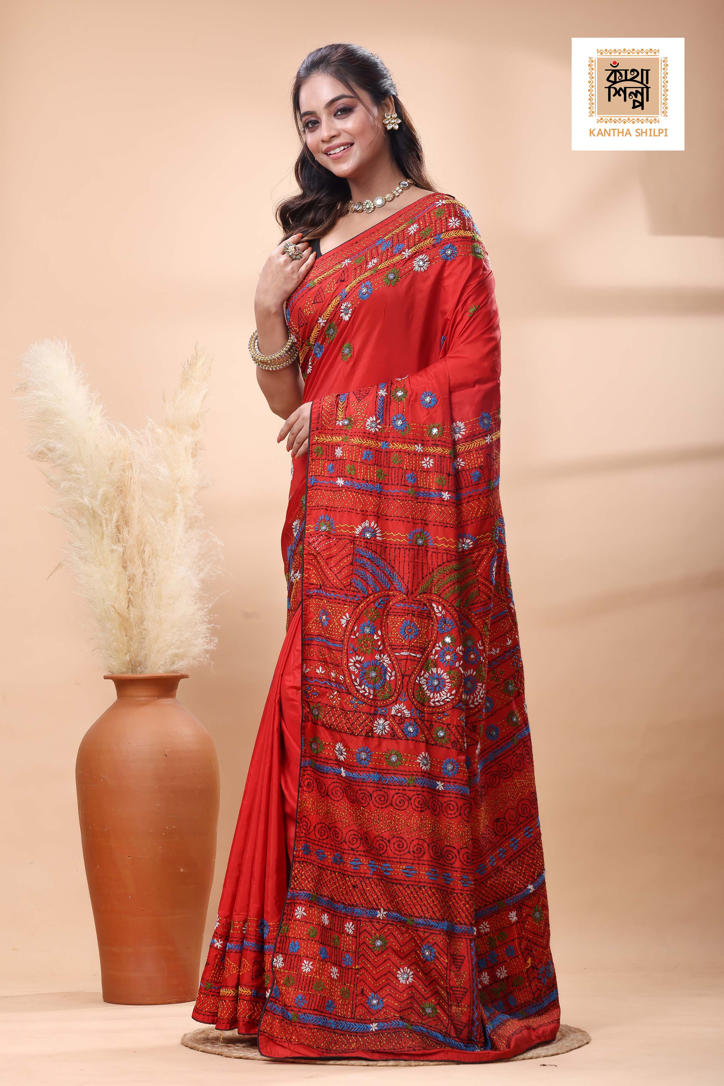 Red Color Bangalore Silk Multicolor Thread Work Lambani Stitch Saree