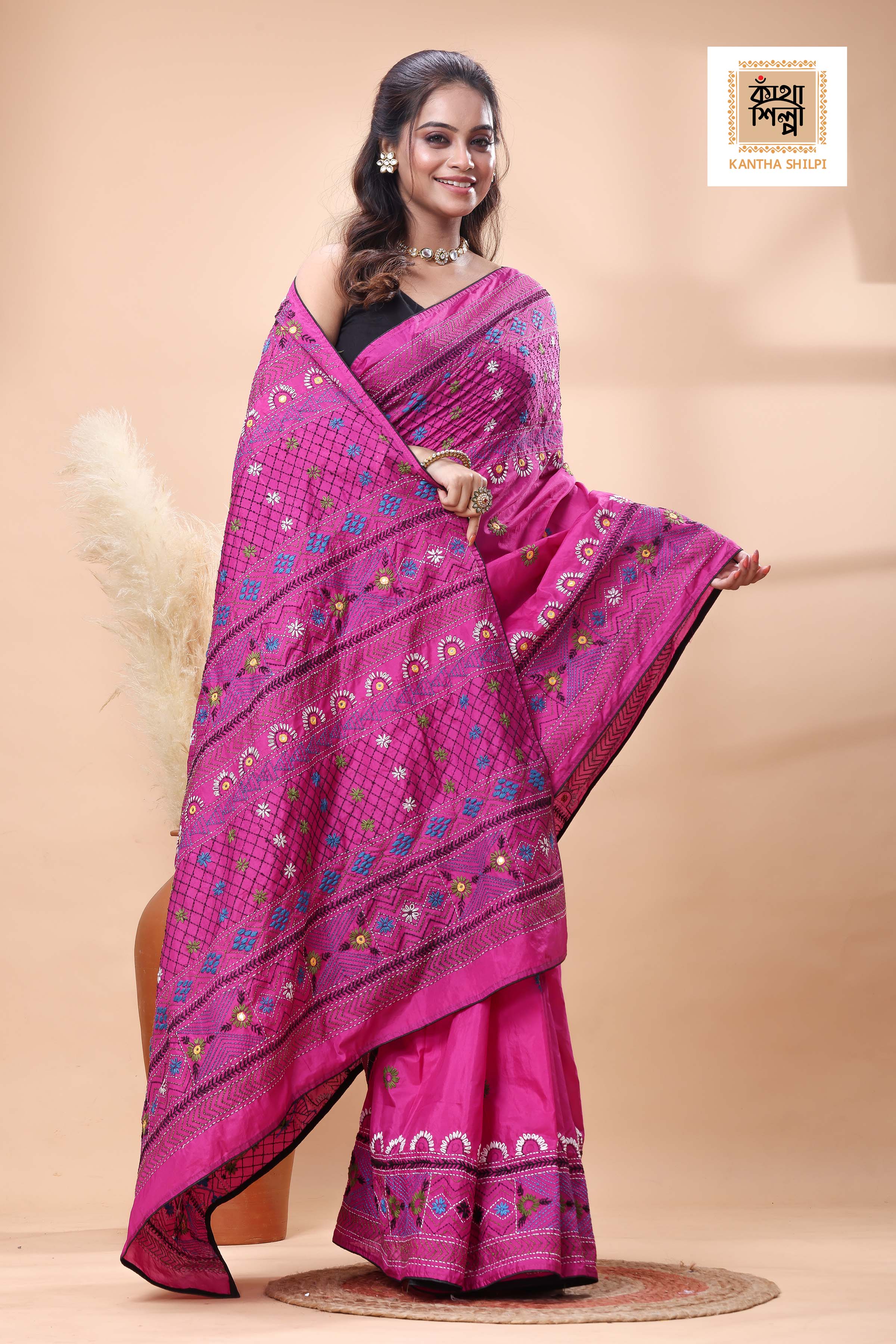 Rani Color Bangalore Silk Multicolor Thread Work Lambani Stitch Saree