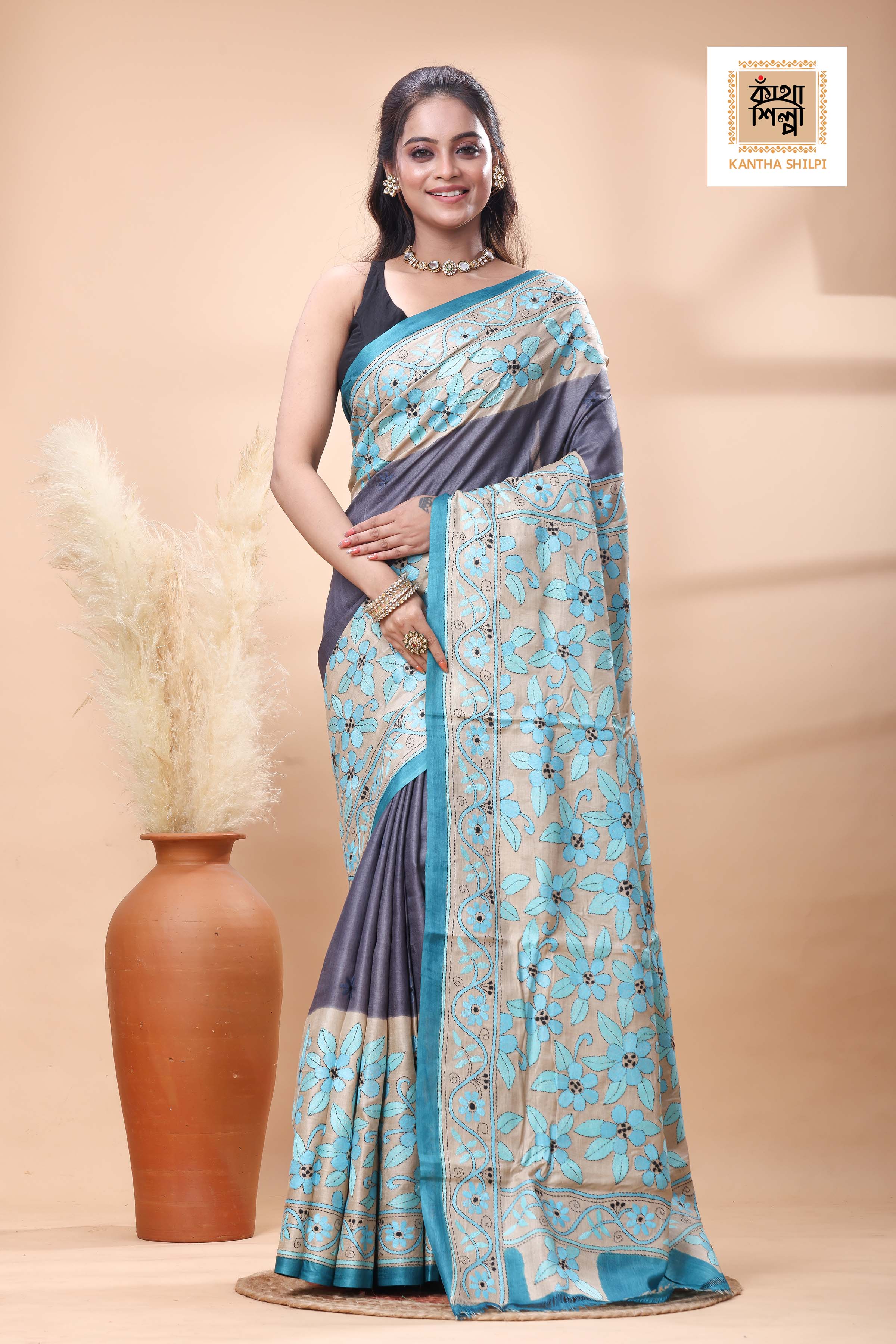 Pure Gachi Tussar Teal Color Thread Work Kantha Stitch Saree