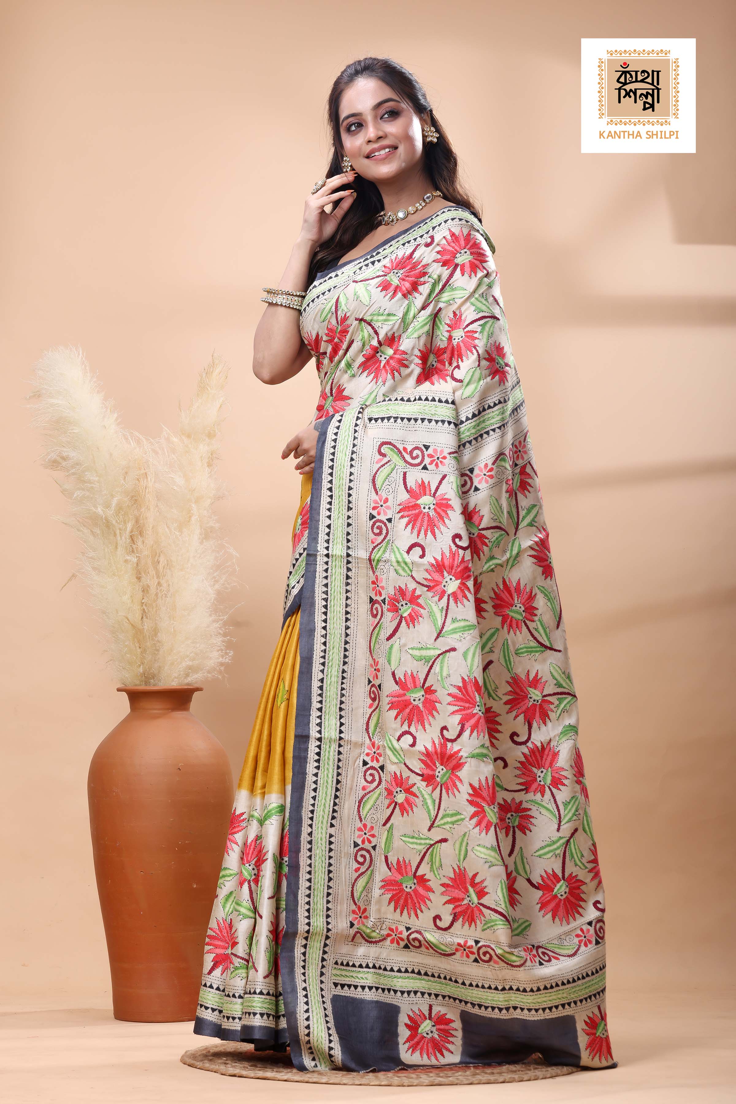 Pure Gachi Tussar Multicolor Thread Work Kantha Stitch Saree