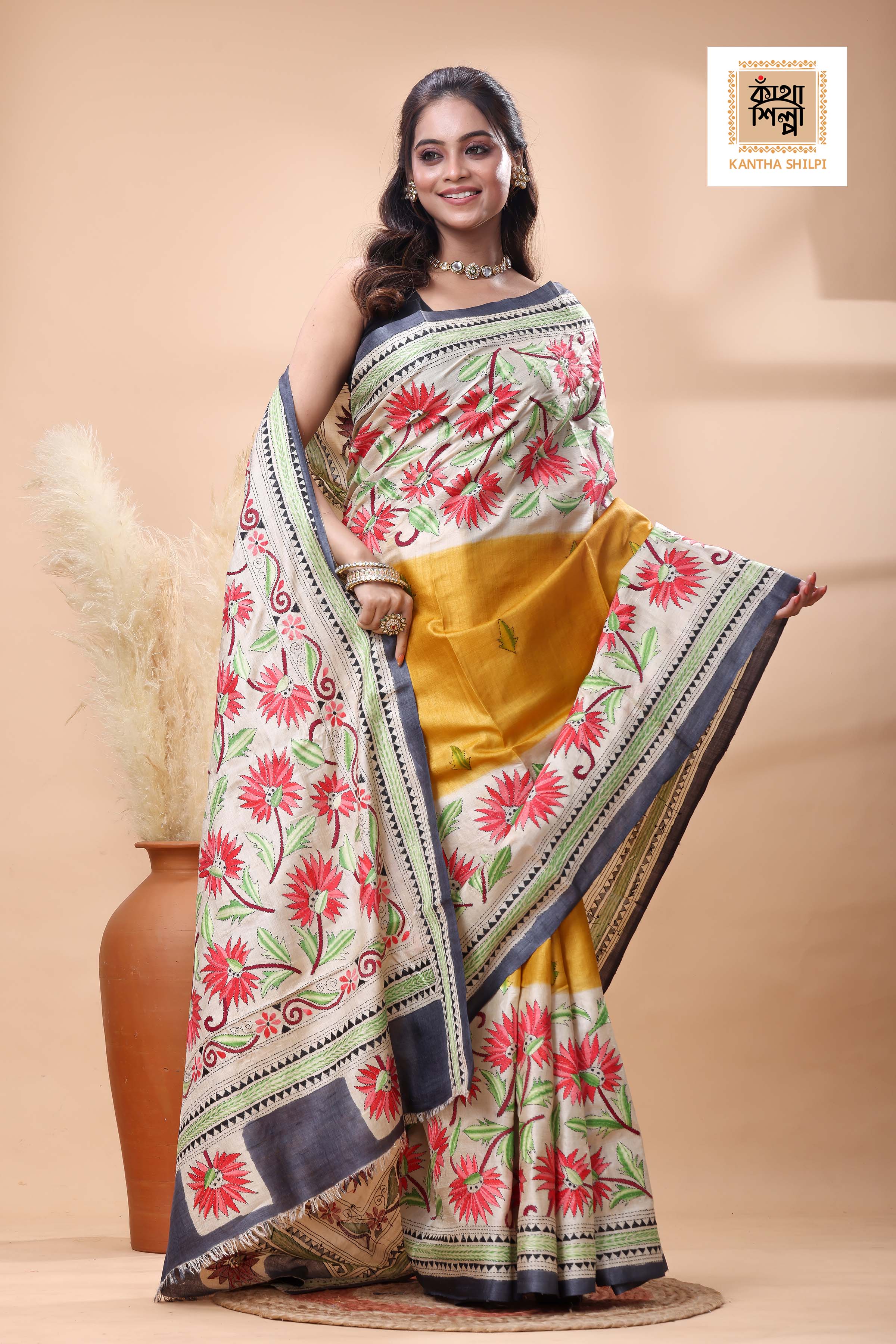 Pure Gachi Tussar Multicolor Thread Work Kantha Stitch Saree