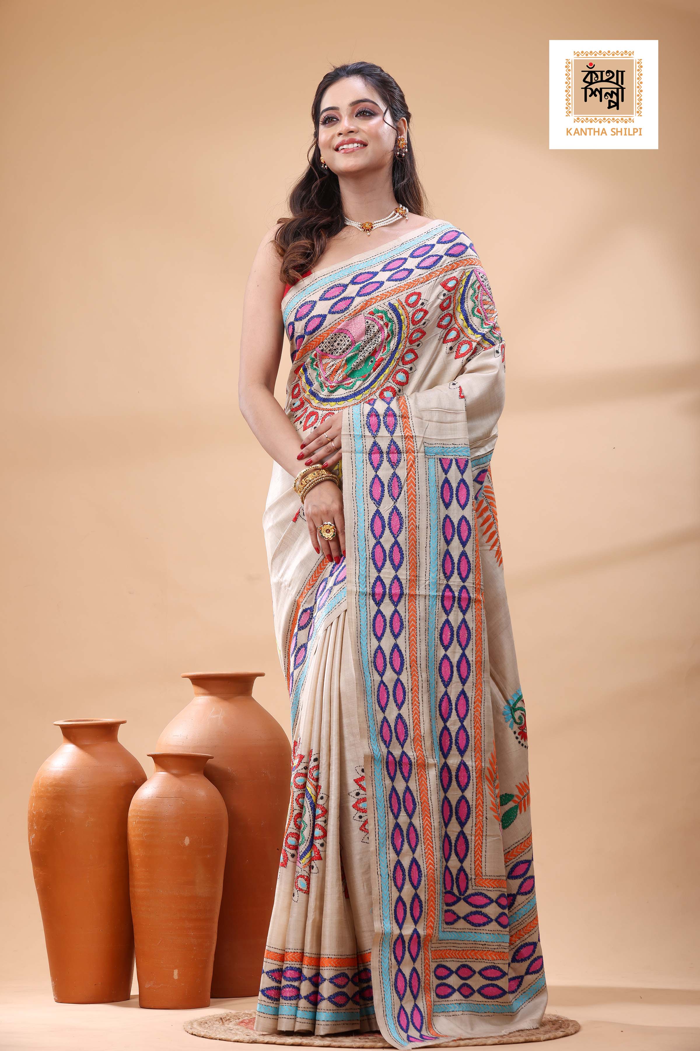 Pure Gachi Tussar Multicolor Thread Work Kantha Stitch Saree
