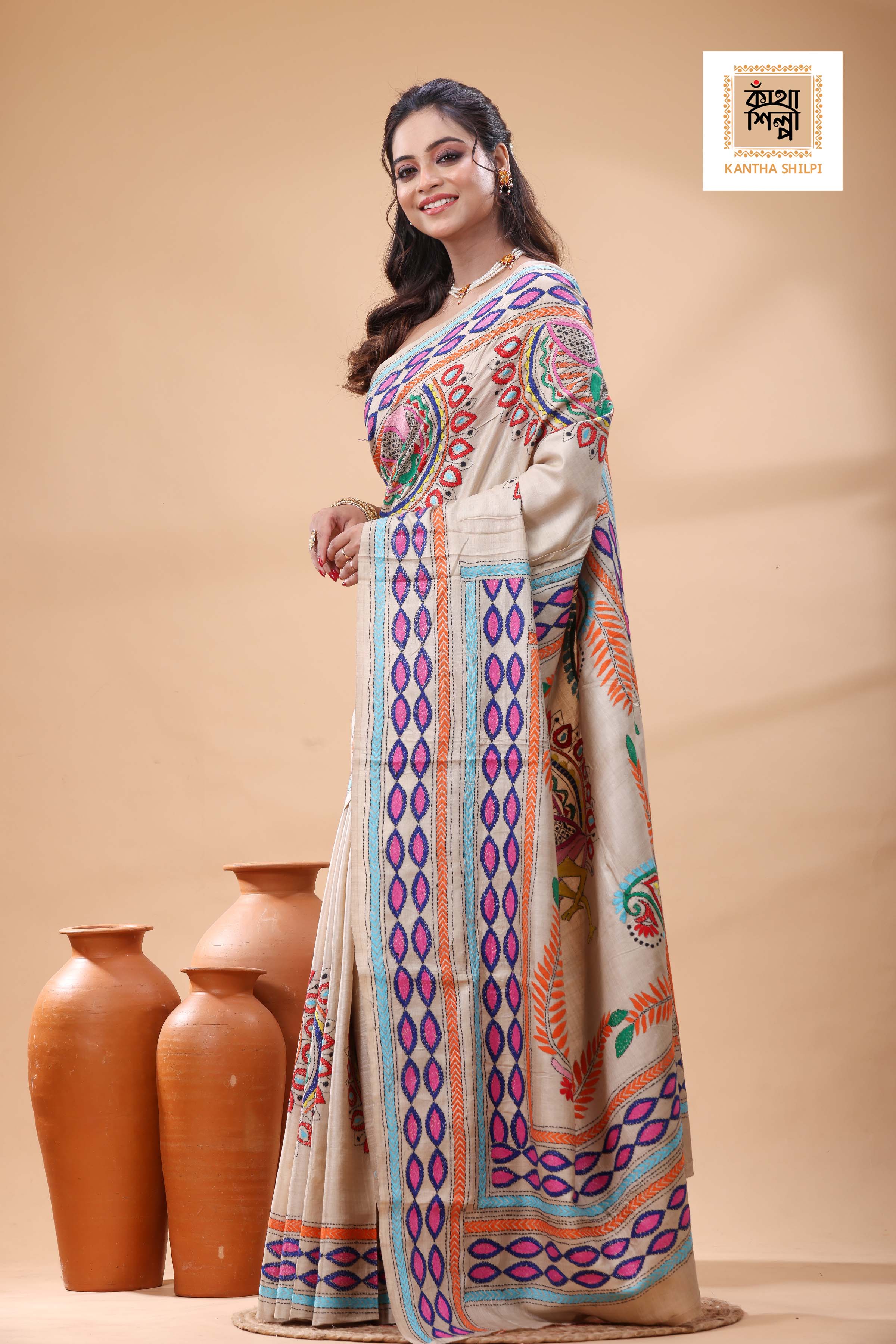 Pure Gachi Tussar Multicolor Thread Work Kantha Stitch Saree