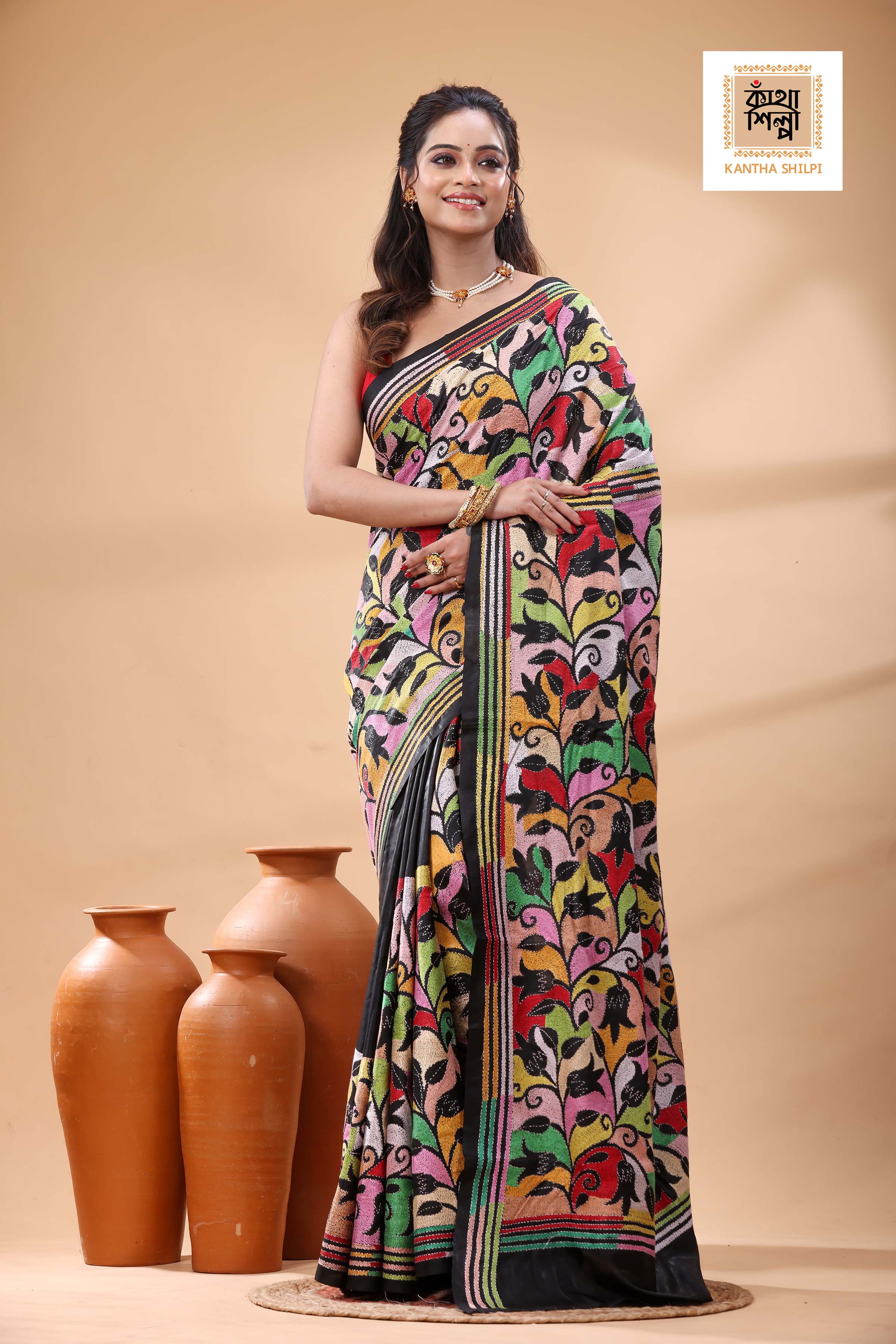 Black Pure Bangalore Silk Multicolor Thread Work Tulip Flower Revers Motif Kantha Stitch Saree