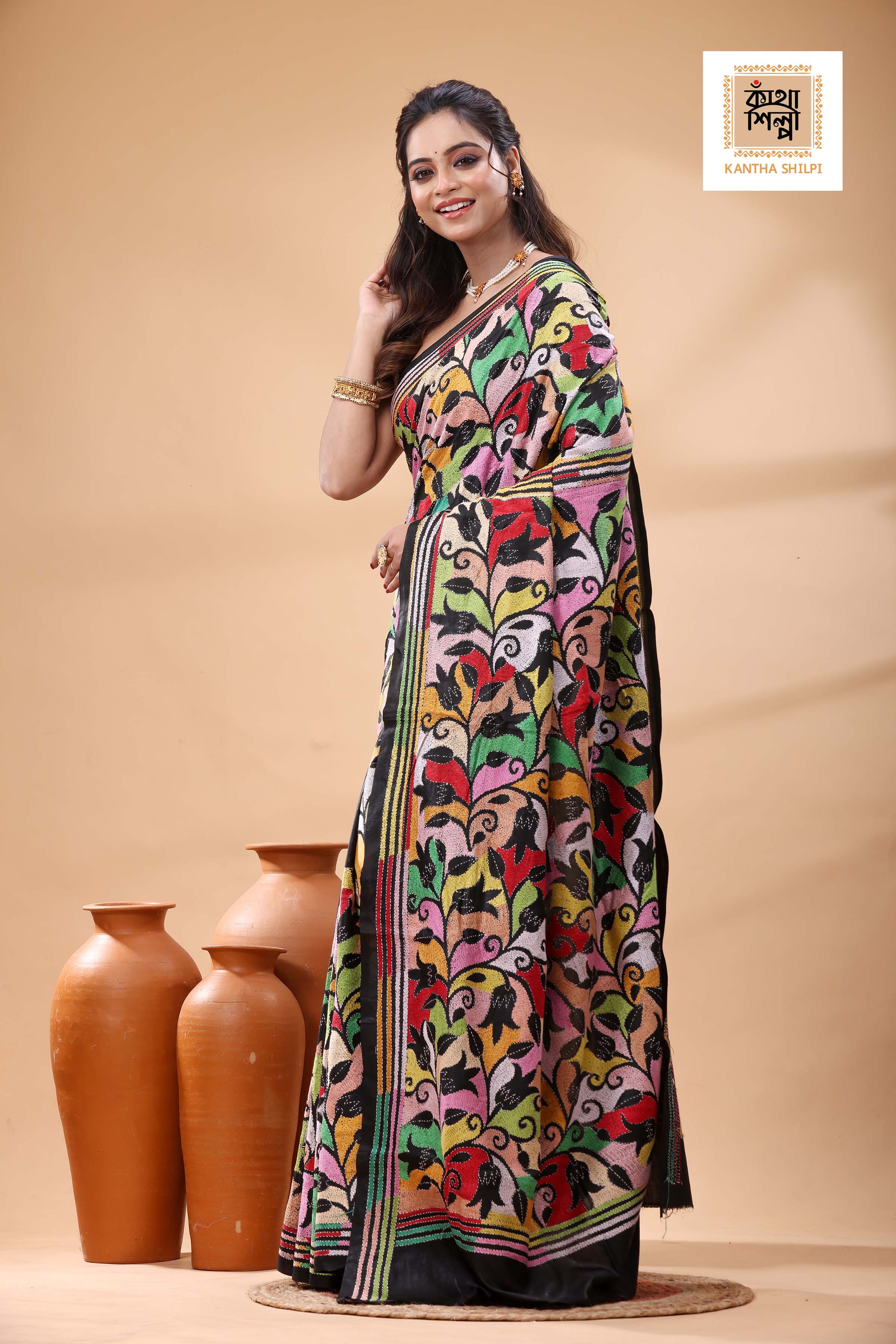 Black Pure Bangalore Silk Multicolor Thread Work Tulip Flower Revers Motif Kantha Stitch Saree