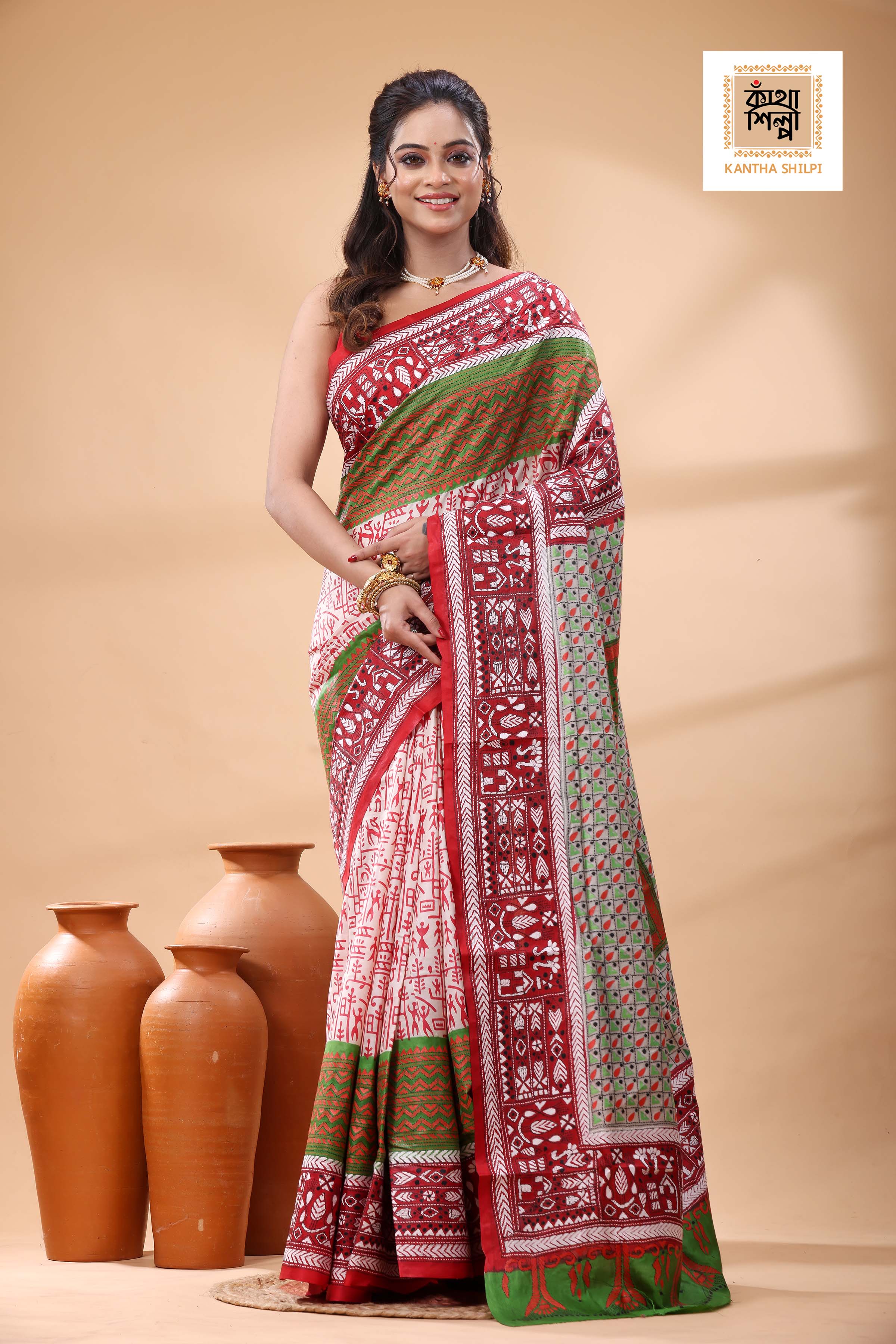 Multicolor Dye Pure Bangalore Silk Multicolor Thread Work Kantha Stitch Saree